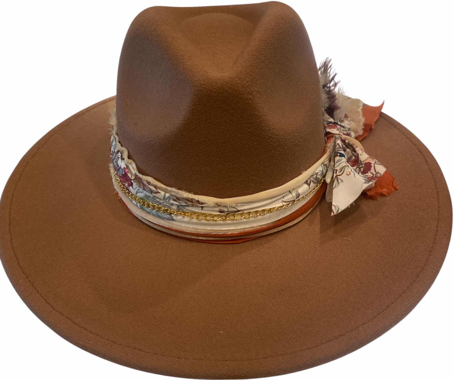 Photo 1 of NEW - CUSTOM DECORATED KHAKI TAN FEDORA HAT WITH FEATHERS - ADJUSTABLE WITH INTERIOR RIBBON - TIE TO FIT