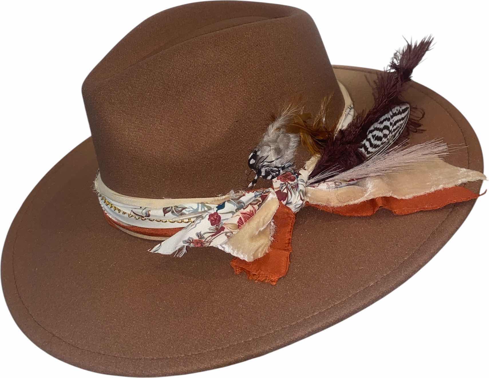 Photo 1 of NEW - CUSTOM DECORATED KHAKI TAN FEDORA HAT WITH FEATHERS - ADJUSTABLE WITH INTERIOR RIBBON - TIE TO FIT