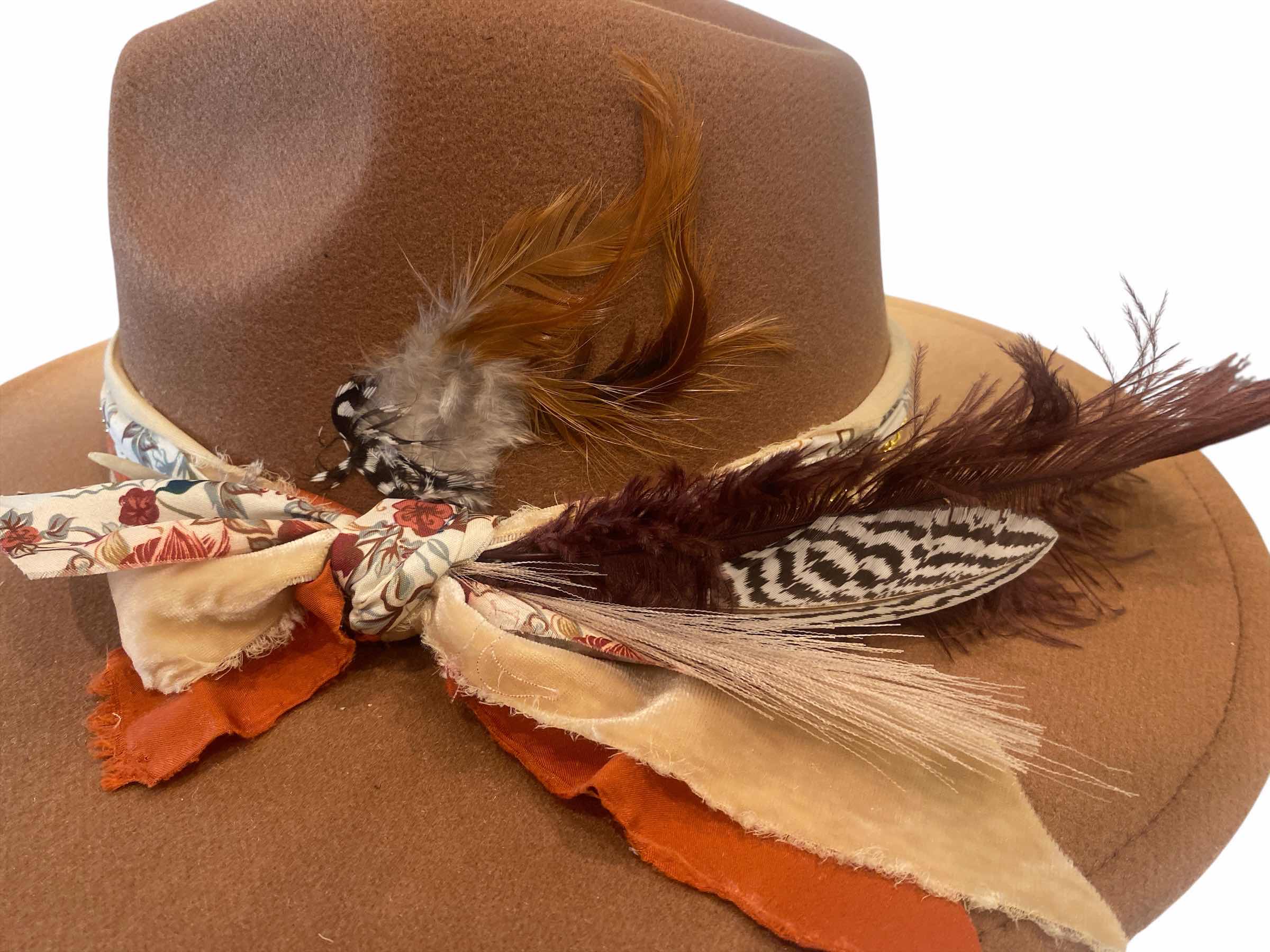 Photo 1 of NEW - CUSTOM DECORATED KHAKI TAN FEDORA HAT WITH FEATHERS - ADJUSTABLE WITH INTERIOR RIBBON - TIE TO FIT