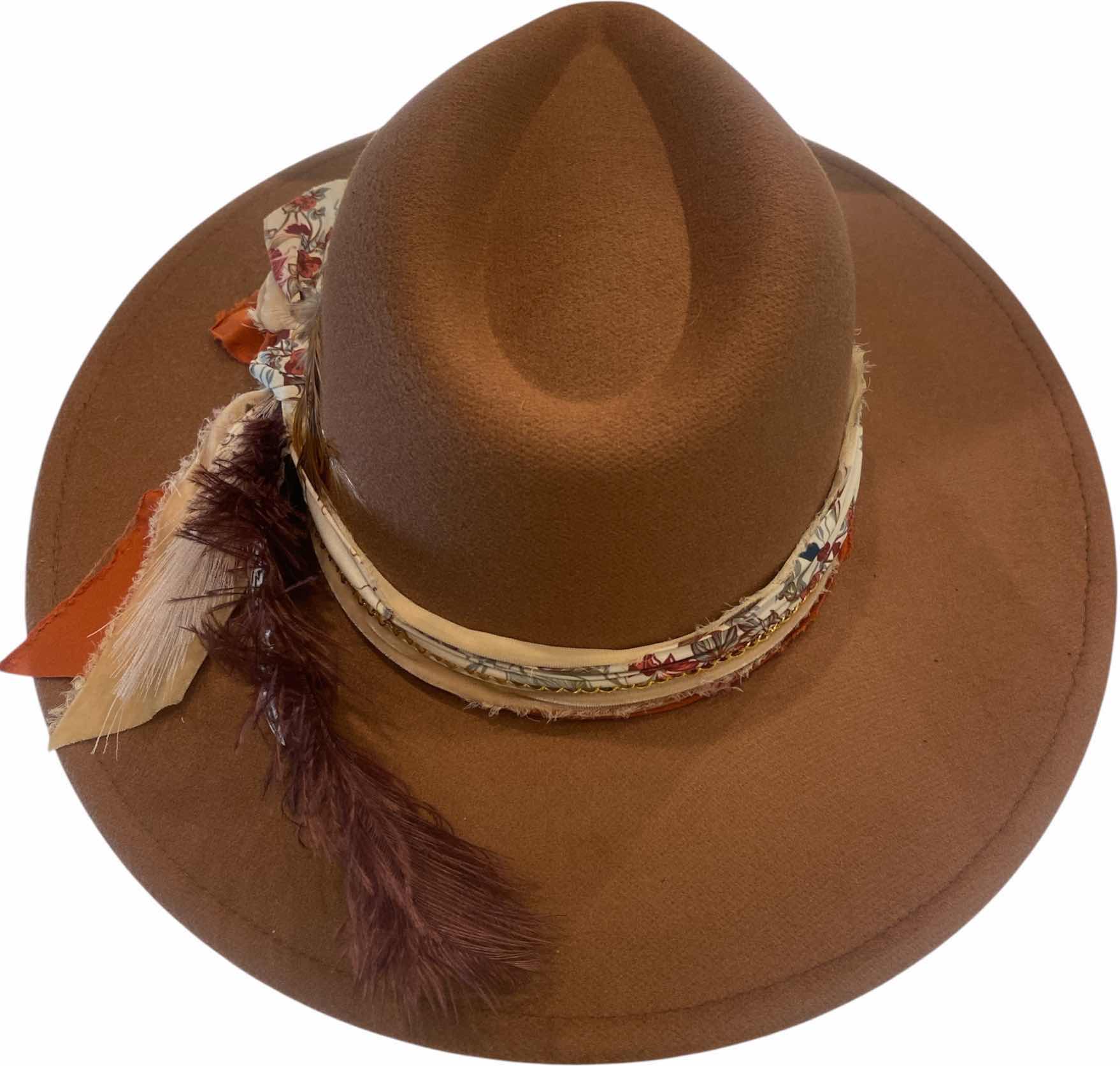 Photo 1 of NEW - CUSTOM DECORATED KHAKI TAN FEDORA HAT WITH FEATHERS - ADJUSTABLE WITH INTERIOR RIBBON - TIE TO FIT