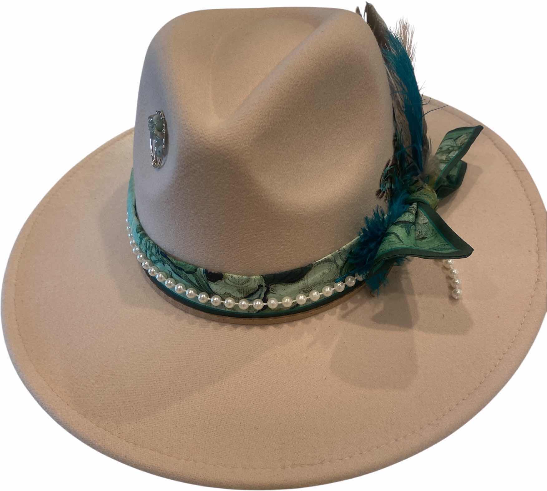 Photo 1 of NEW - CUSTOM DECORATED CREAM FEDORA HAT WITH FEATHERS - ADJUSTABLE WITH INTERIOR RIBBON - TIE TO FIT