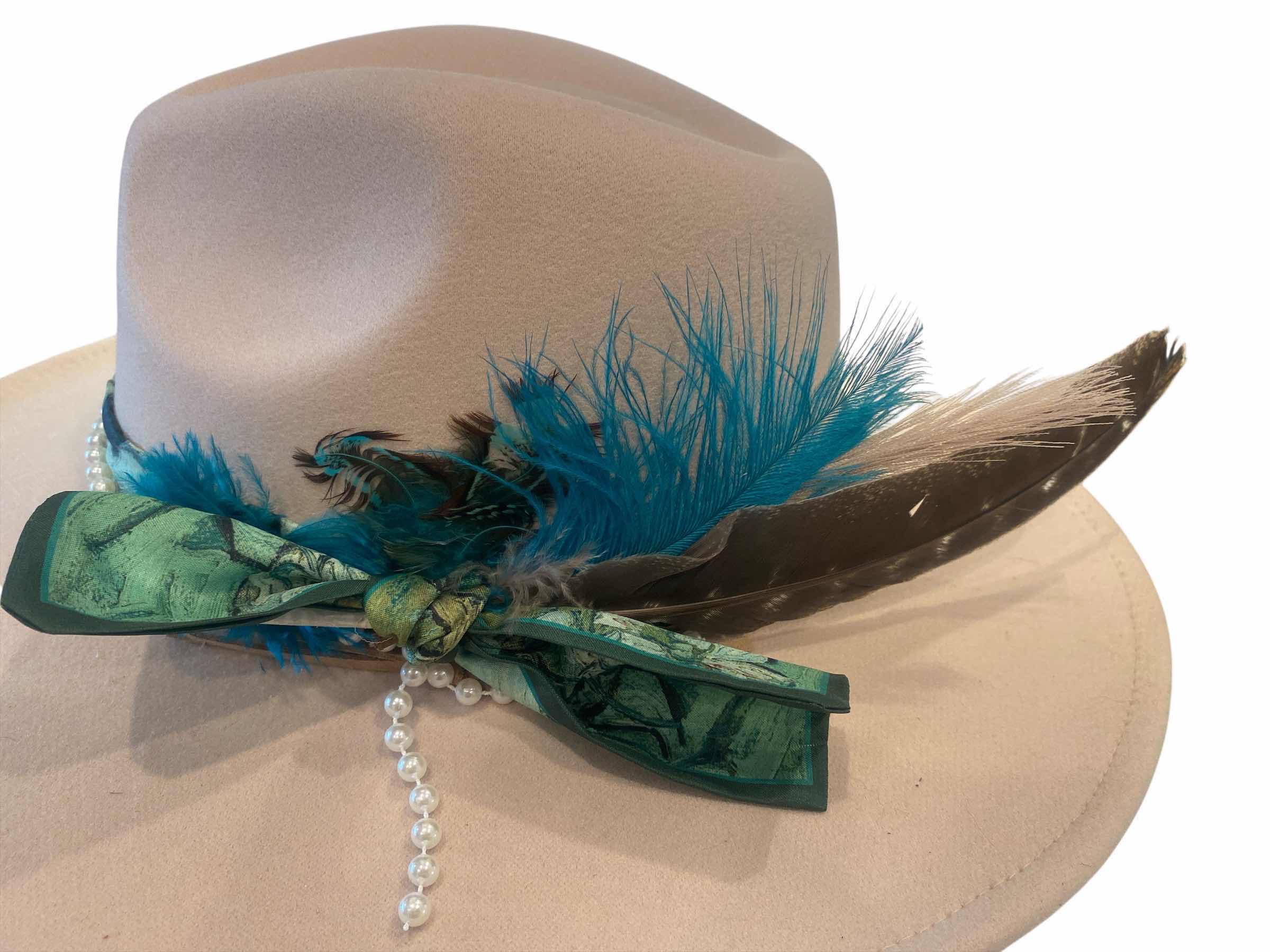 Photo 1 of NEW - CUSTOM DECORATED CREAM FEDORA HAT WITH FEATHERS - ADJUSTABLE WITH INTERIOR RIBBON - TIE TO FIT