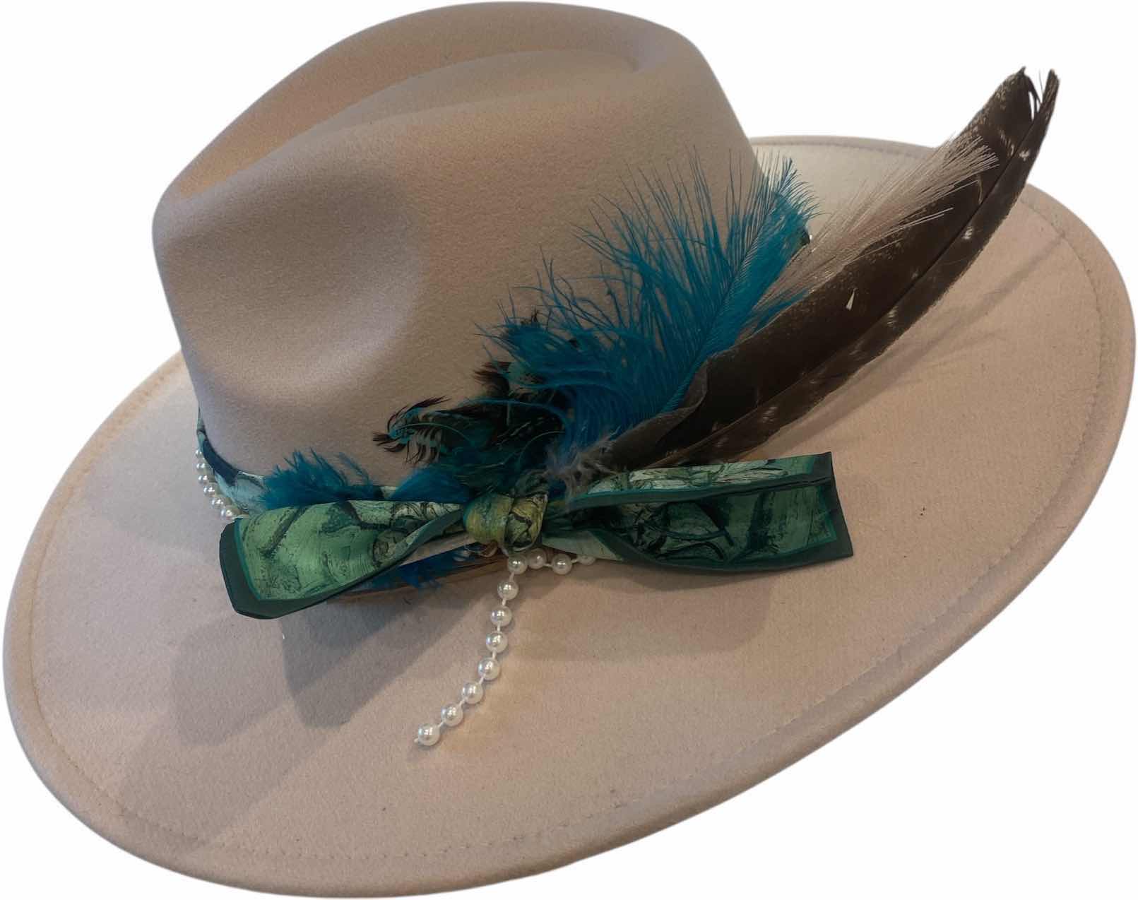 Photo 1 of NEW - CUSTOM DECORATED CREAM FEDORA HAT WITH FEATHERS - ADJUSTABLE WITH INTERIOR RIBBON - TIE TO FIT