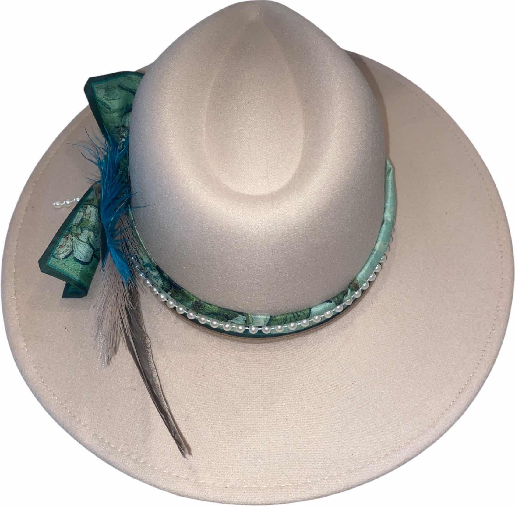 Photo 1 of NEW - CUSTOM DECORATED CREAM FEDORA HAT WITH FEATHERS - ADJUSTABLE WITH INTERIOR RIBBON - TIE TO FIT