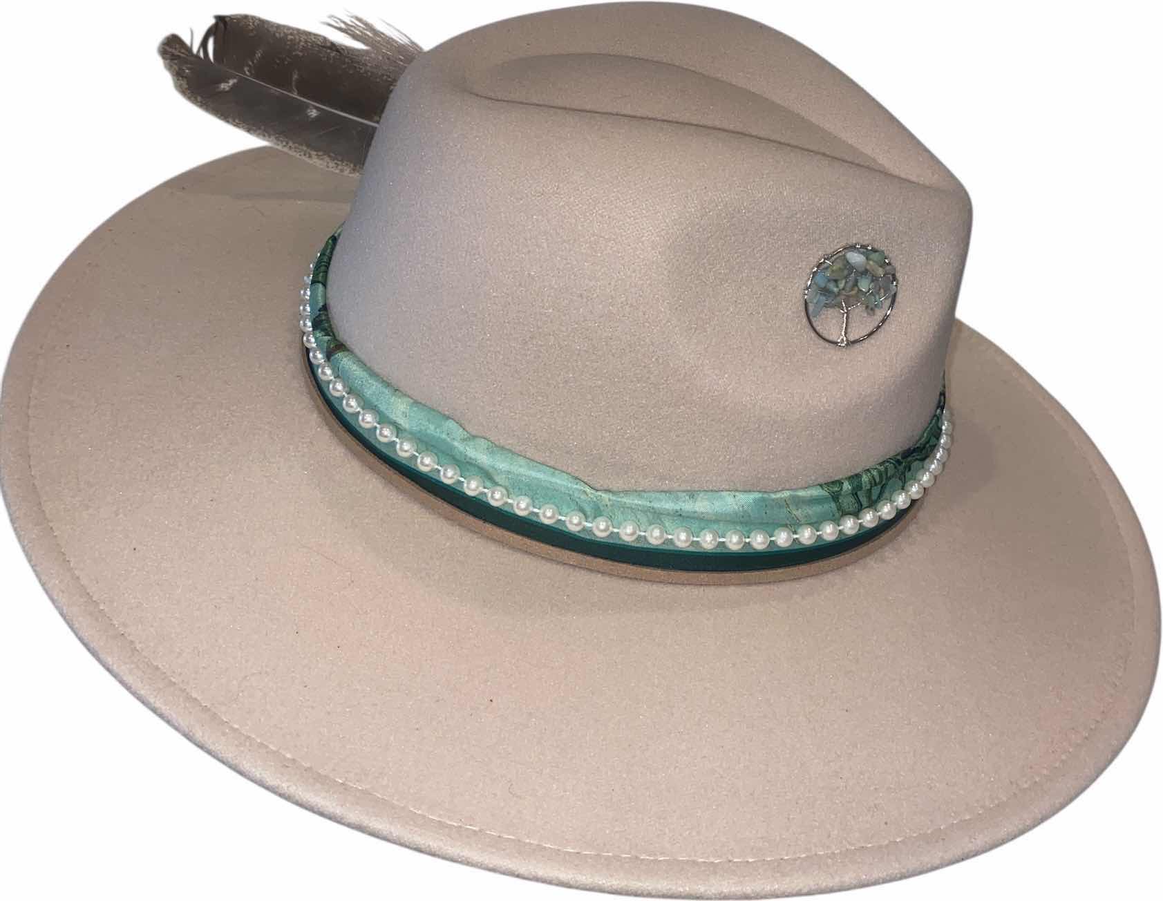 Photo 1 of NEW - CUSTOM DECORATED CREAM FEDORA HAT WITH FEATHERS - ADJUSTABLE WITH INTERIOR RIBBON - TIE TO FIT