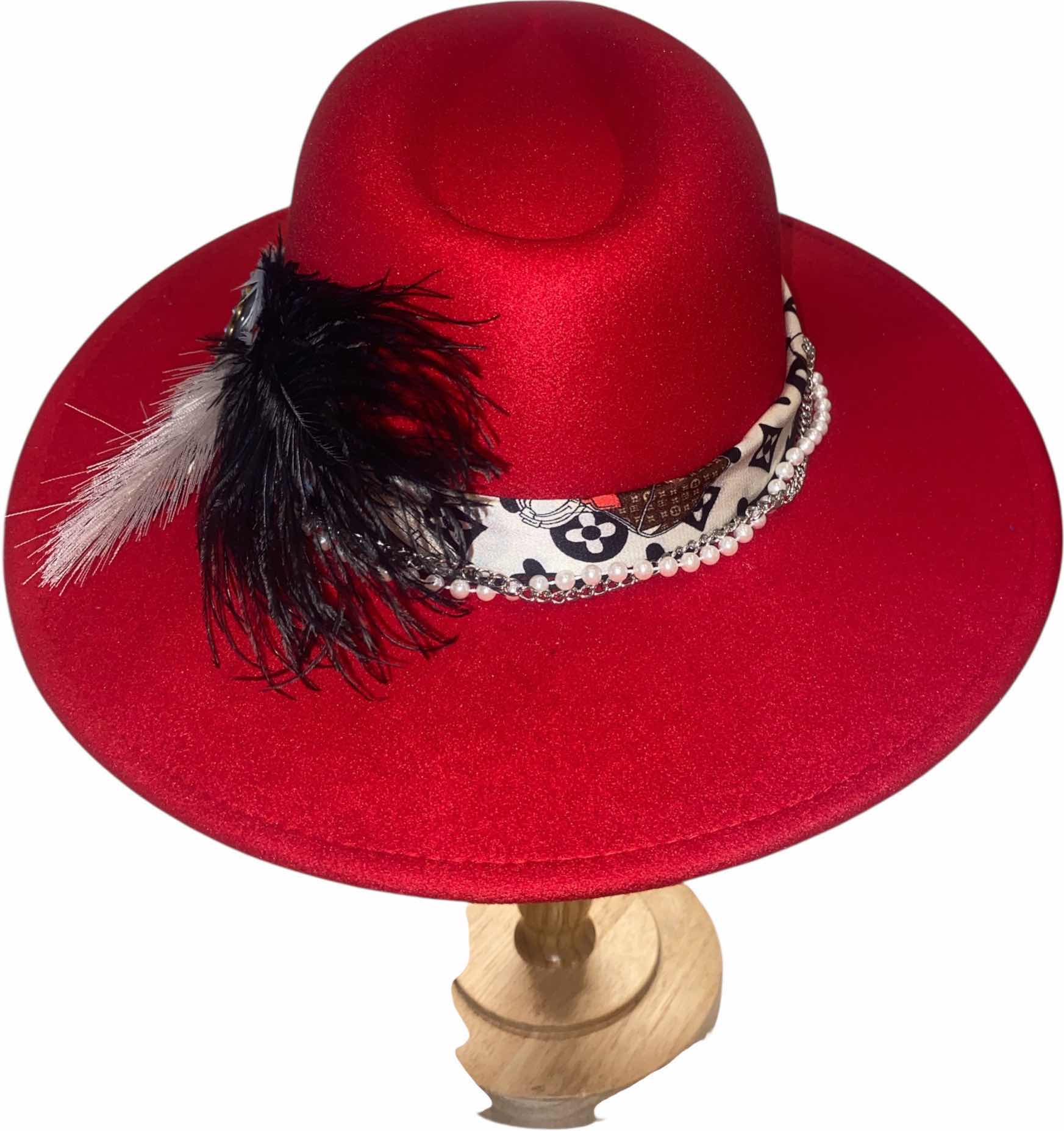 Photo 1 of NEW - CUSTOM DECORATED SCARLET RED FEDORA HAT WITH UPCYCLED LOUIS VUITTON MONOGRAM EMBELLISHMENTS FEATHERS & REPLICA LV SCARF - ADJUSTABLE WITH INTERIOR RIBBON - TIE TO FIT