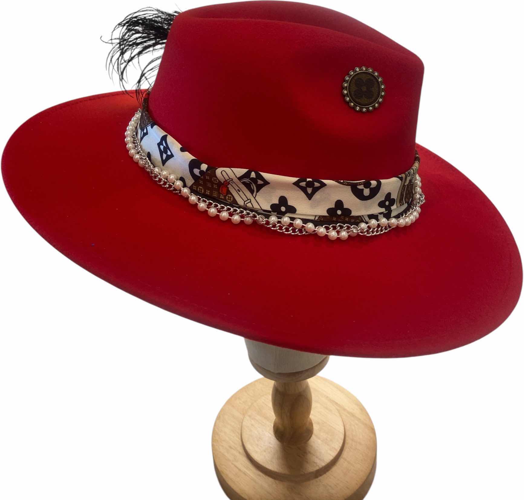Photo 1 of NEW - CUSTOM DECORATED SCARLET RED FEDORA HAT WITH UPCYCLED LOUIS VUITTON MONOGRAM EMBELLISHMENTS FEATHERS & REPLICA LV SCARF - ADJUSTABLE WITH INTERIOR RIBBON - TIE TO FIT
