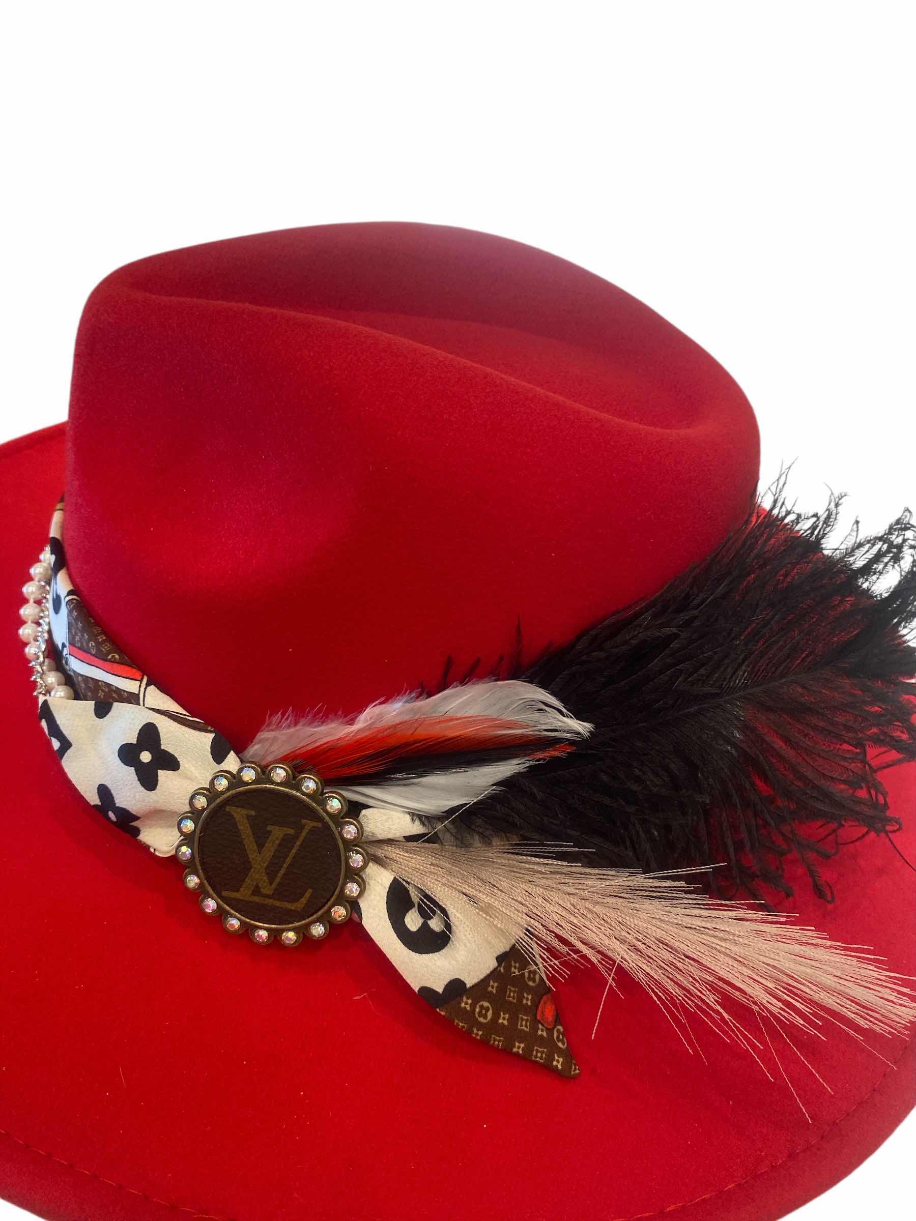 Photo 1 of NEW - CUSTOM DECORATED SCARLET RED FEDORA HAT WITH UPCYCLED LOUIS VUITTON MONOGRAM EMBELLISHMENTS FEATHERS & REPLICA LV SCARF - ADJUSTABLE WITH INTERIOR RIBBON - TIE TO FIT