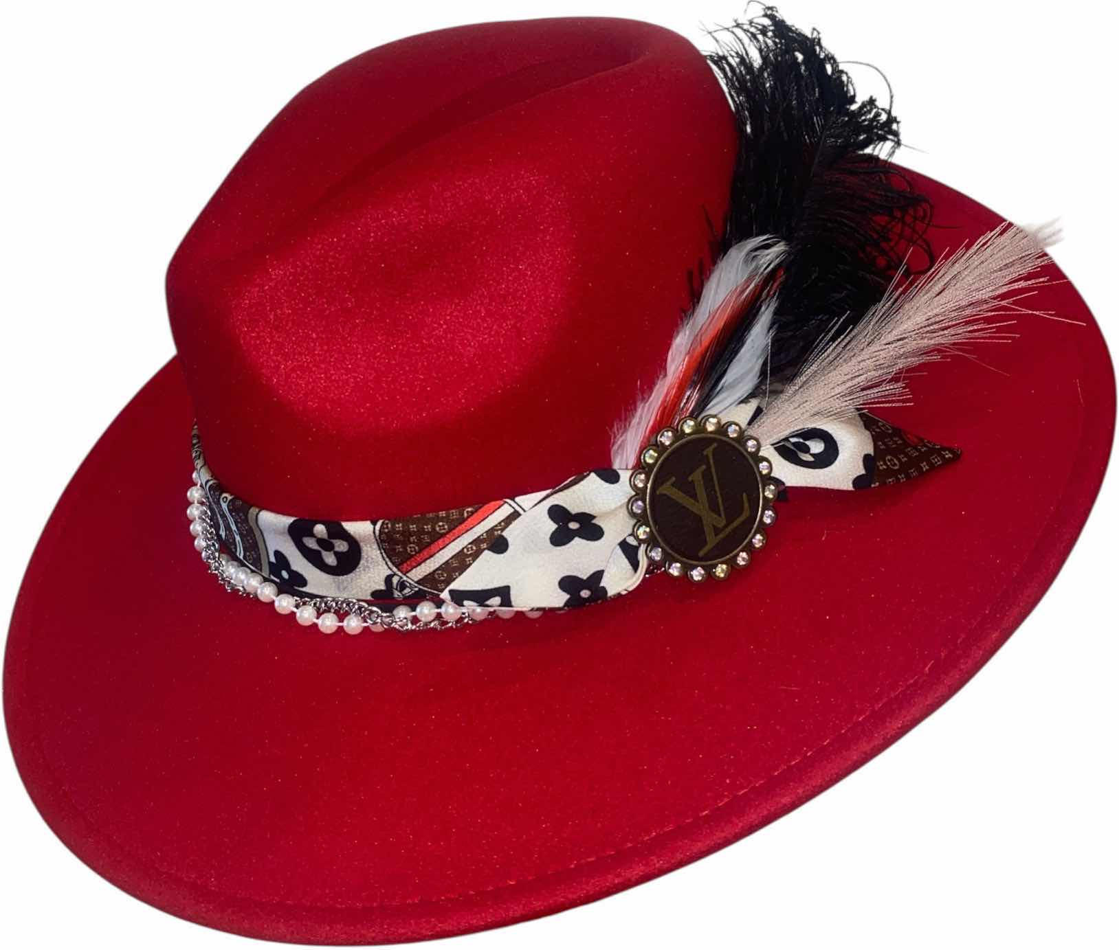 Photo 1 of NEW - CUSTOM DECORATED SCARLET RED FEDORA HAT WITH UPCYCLED LOUIS VUITTON MONOGRAM EMBELLISHMENTS FEATHERS & REPLICA LV SCARF - ADJUSTABLE WITH INTERIOR RIBBON - TIE TO FIT