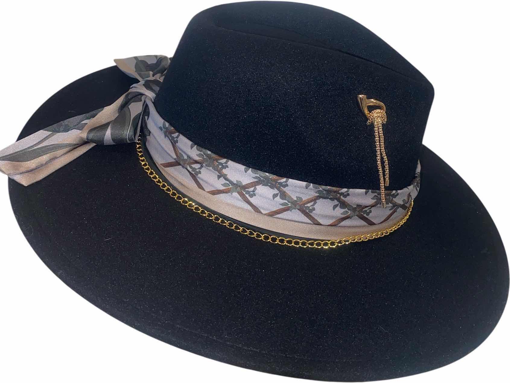 Photo 1 of NEW - CUSTOM DECORATED BLACK FEDORA HAT WITH FEATHERS & EMBELLISHMENT- ADJUSTABLE WITH INTERIOR RIBBON - TIE TO FIT