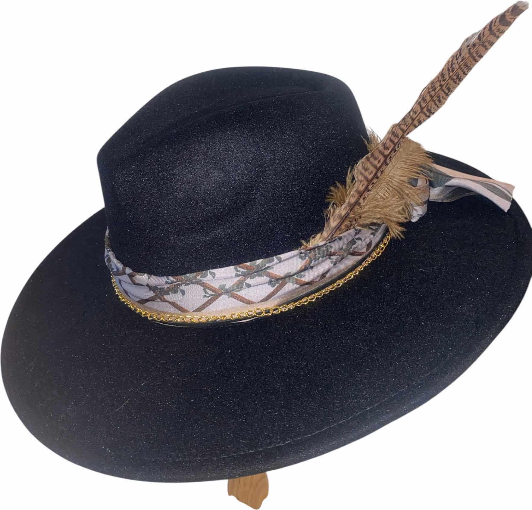 Photo 1 of NEW - CUSTOM DECORATED BLACK FEDORA HAT WITH FEATHERS & EMBELLISHMENT- ADJUSTABLE WITH INTERIOR RIBBON - TIE TO FIT