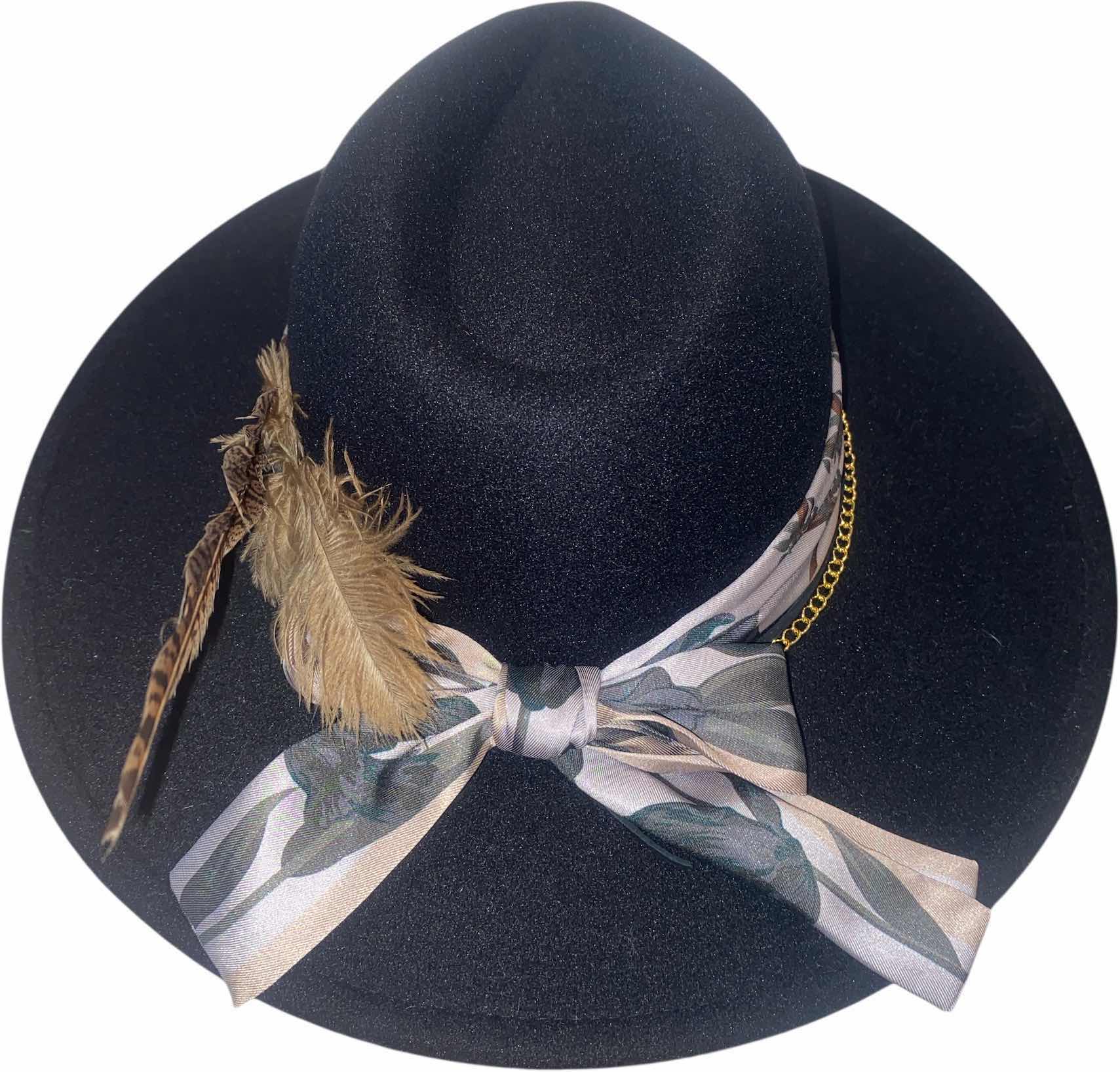 Photo 1 of NEW - CUSTOM DECORATED BLACK FEDORA HAT WITH FEATHERS & EMBELLISHMENT- ADJUSTABLE WITH INTERIOR RIBBON - TIE TO FIT