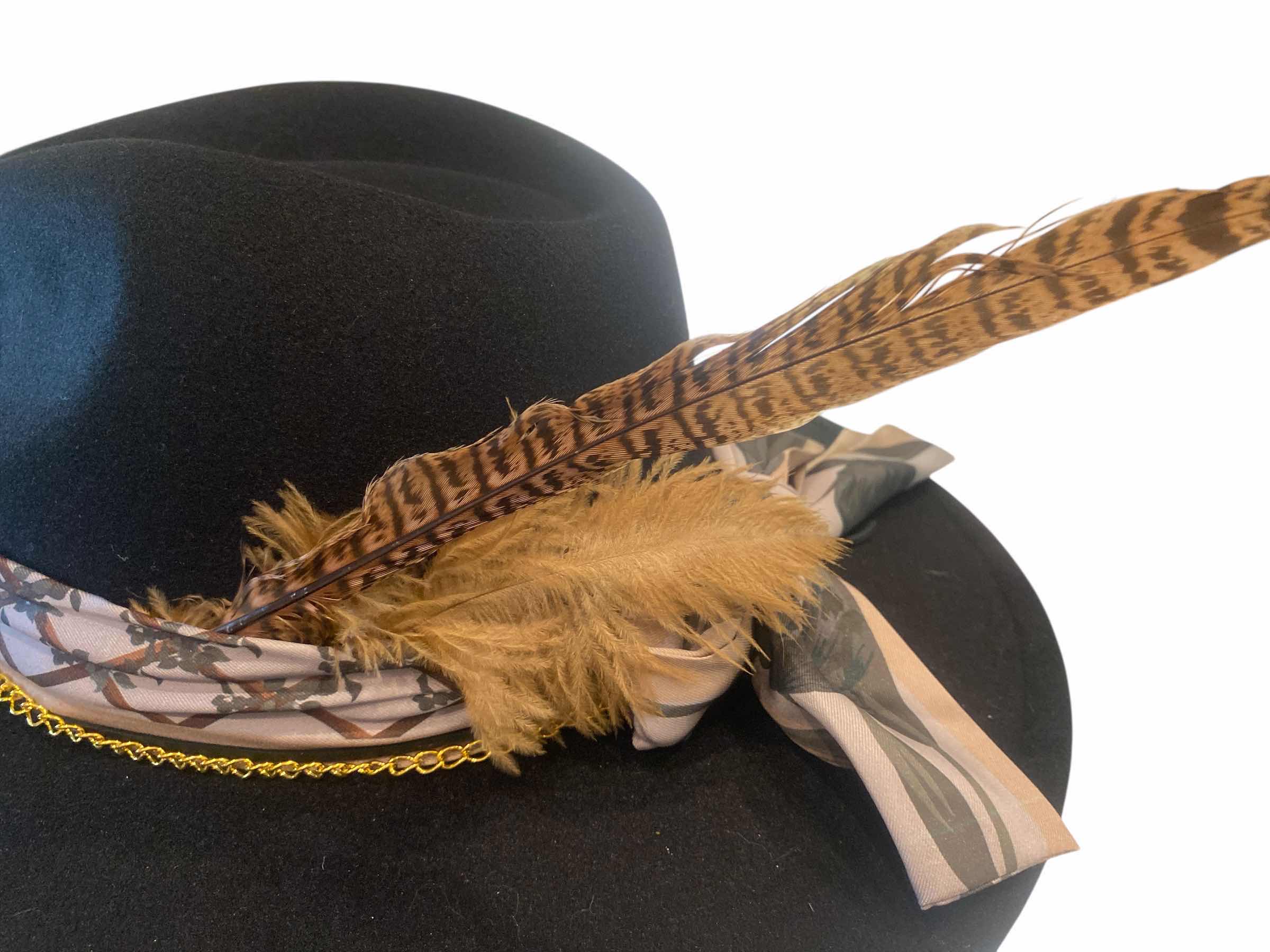 Photo 1 of NEW - CUSTOM DECORATED BLACK FEDORA HAT WITH FEATHERS & EMBELLISHMENT- ADJUSTABLE WITH INTERIOR RIBBON - TIE TO FIT