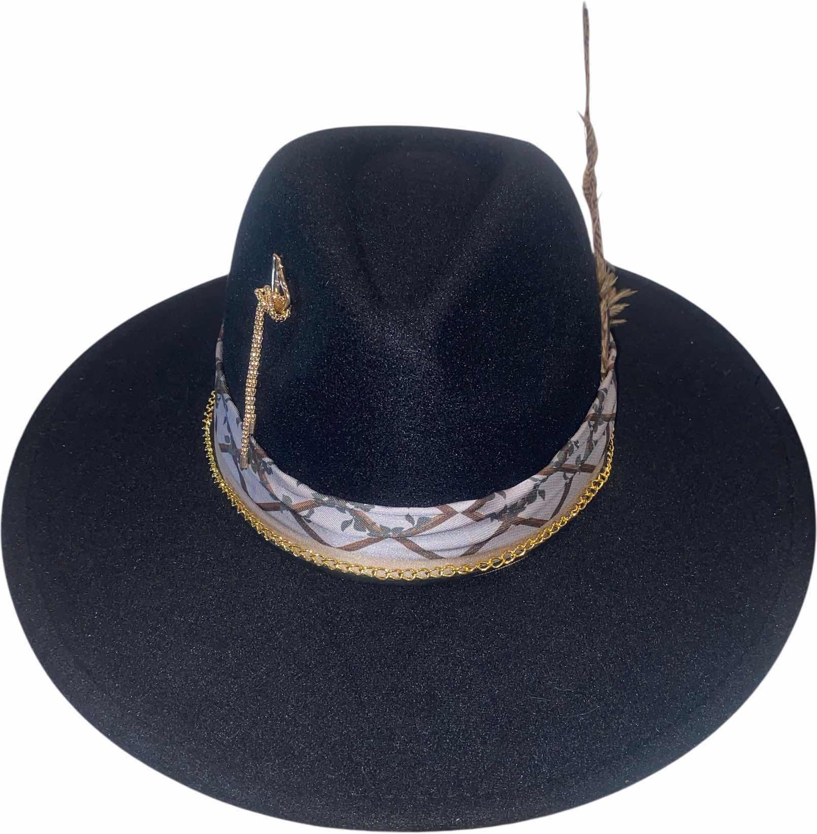 Photo 1 of NEW - CUSTOM DECORATED BLACK FEDORA HAT WITH FEATHERS & EMBELLISHMENT- ADJUSTABLE WITH INTERIOR RIBBON - TIE TO FIT