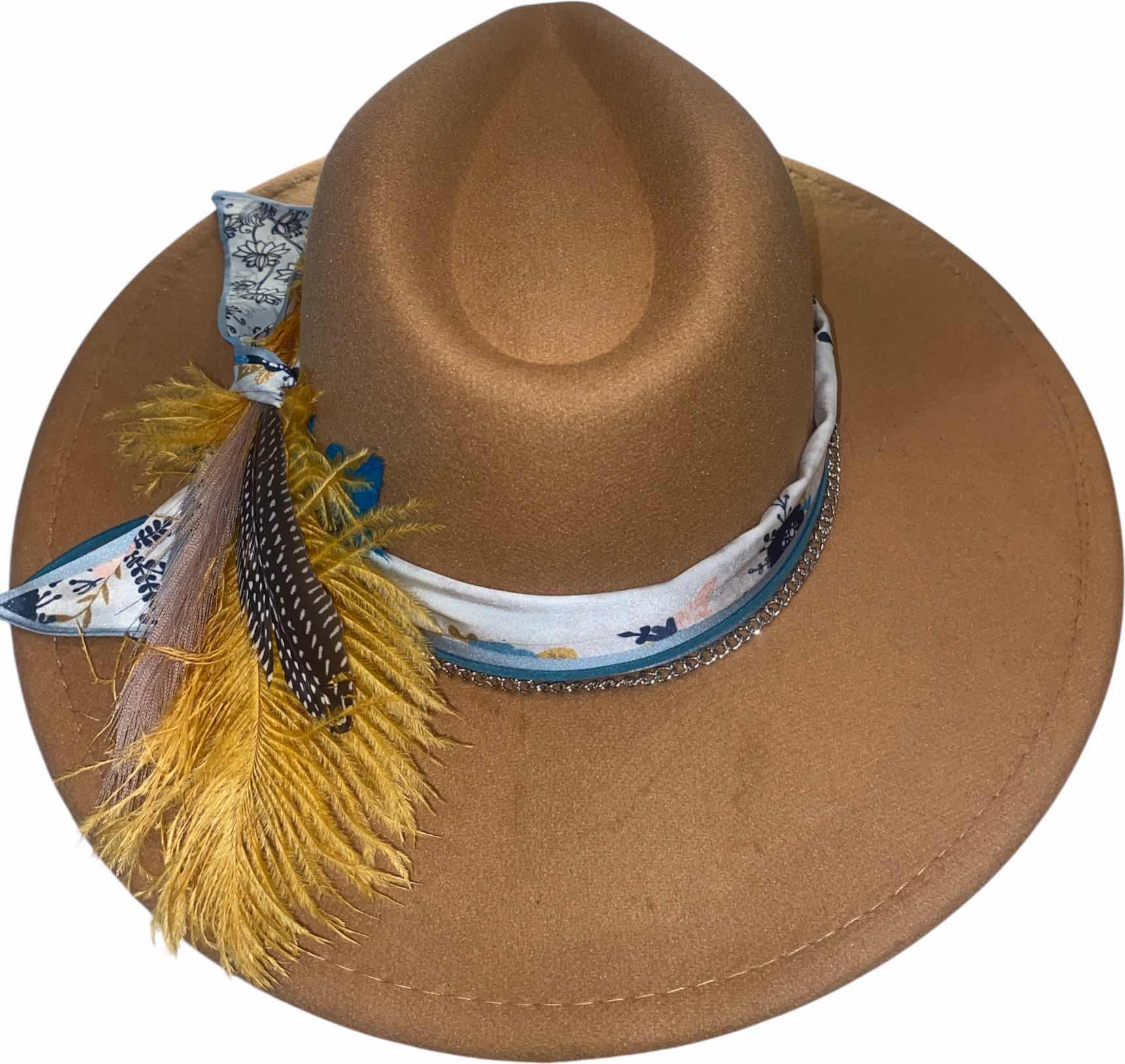 Photo 1 of NEW - CUSTOM DECORATED KHAKI TAN FEDORA HAT WITH FEATHERS & EMBELLISHMENT - ADJUSTABLE WITH INTERIOR RIBBON - TIE TO FIT