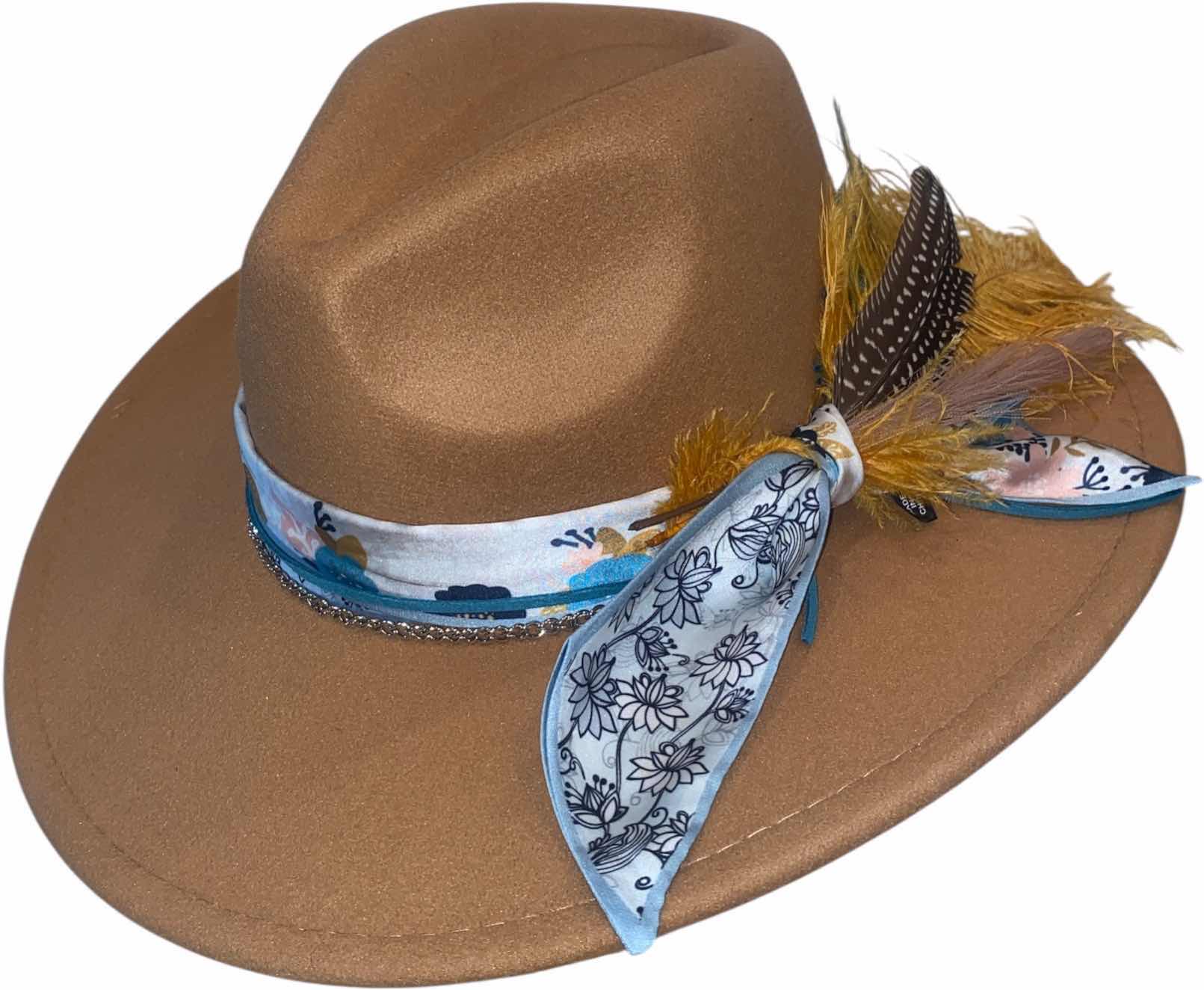 Photo 1 of NEW - CUSTOM DECORATED KHAKI TAN FEDORA HAT WITH FEATHERS & EMBELLISHMENT - ADJUSTABLE WITH INTERIOR RIBBON - TIE TO FIT