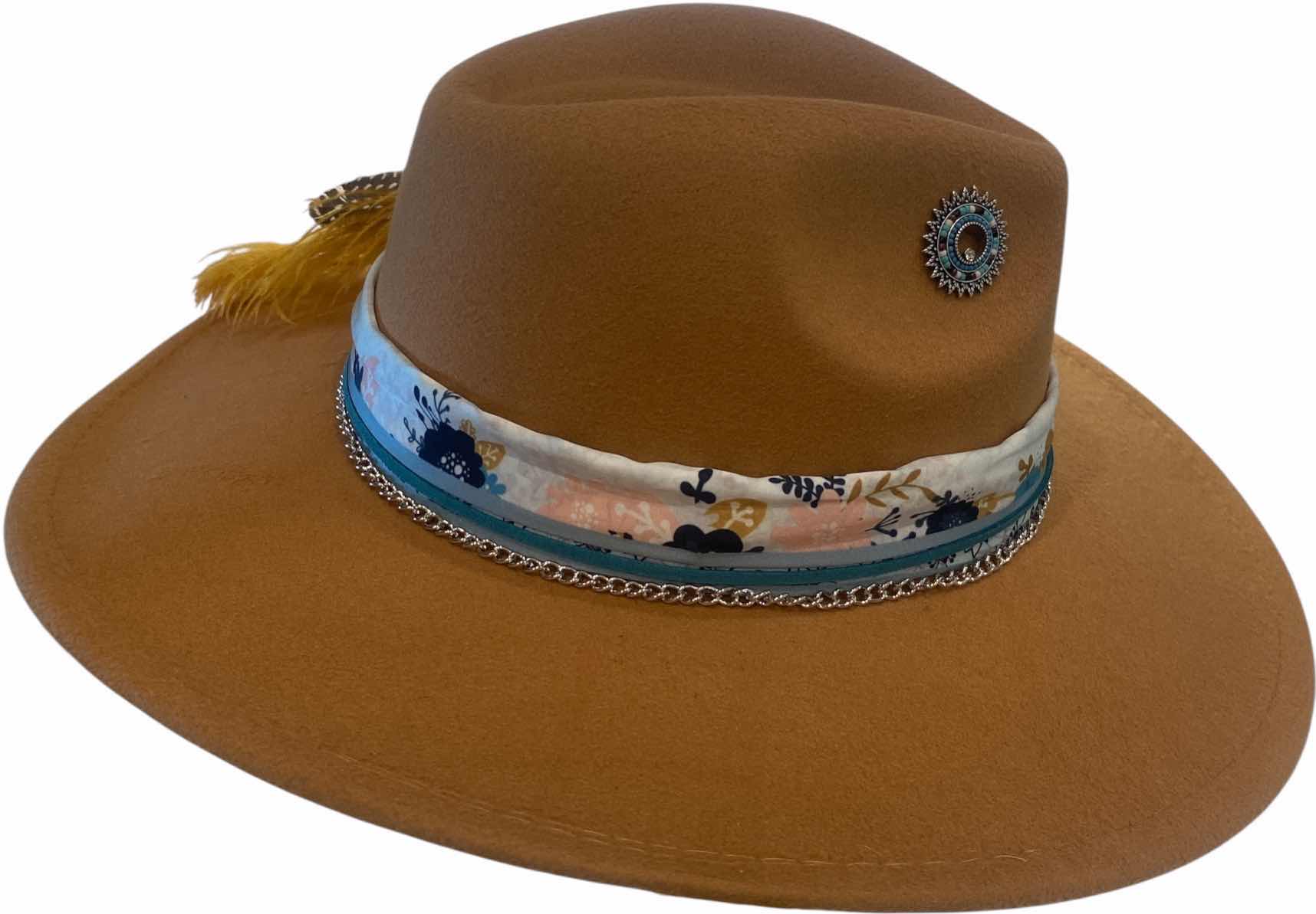 Photo 1 of NEW - CUSTOM DECORATED KHAKI TAN FEDORA HAT WITH FEATHERS & EMBELLISHMENT - ADJUSTABLE WITH INTERIOR RIBBON - TIE TO FIT