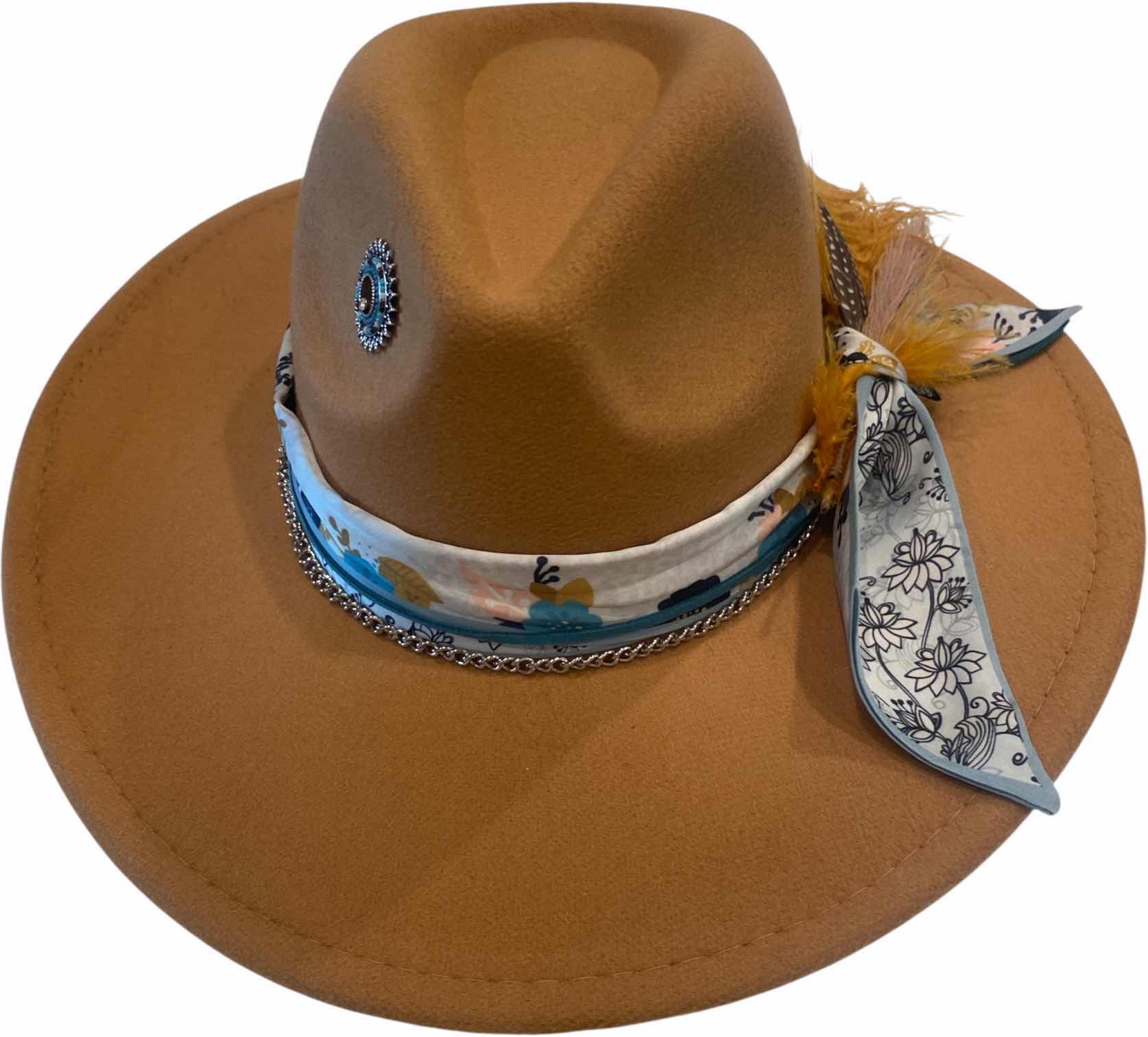 Photo 1 of NEW - CUSTOM DECORATED KHAKI TAN FEDORA HAT WITH FEATHERS & EMBELLISHMENT - ADJUSTABLE WITH INTERIOR RIBBON - TIE TO FIT