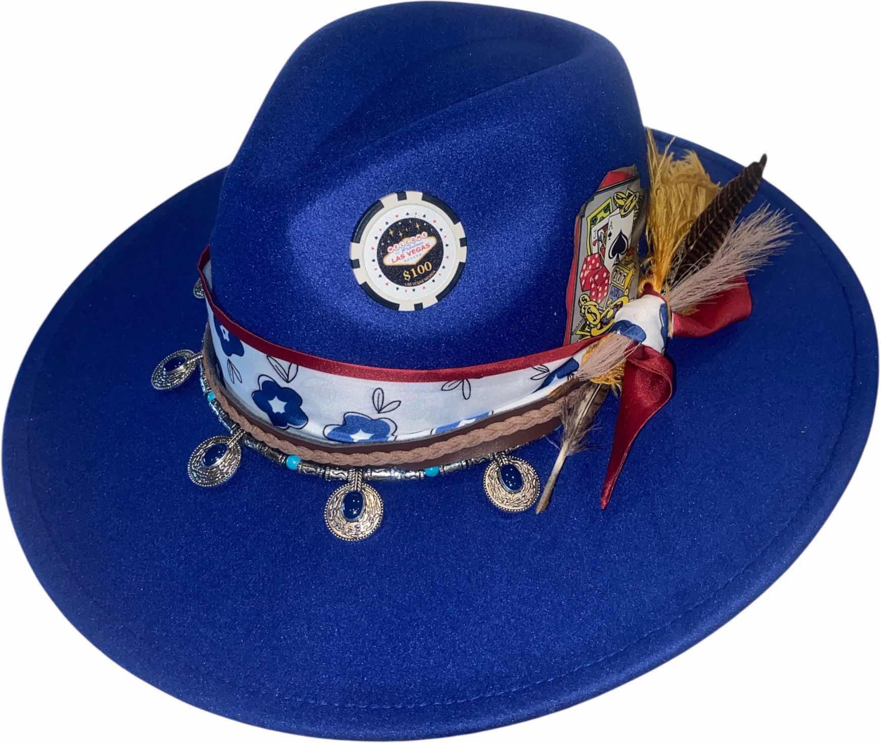 Photo 1 of NEW - CUSTOM DECORATED SAPPHIRE BLUE CASINO THEME FEDORA HAT WITH REMOVABLE CARD & FEATHER - ADJUSTABLE WITH INTERIOR RIBBON - TIE TO FIT