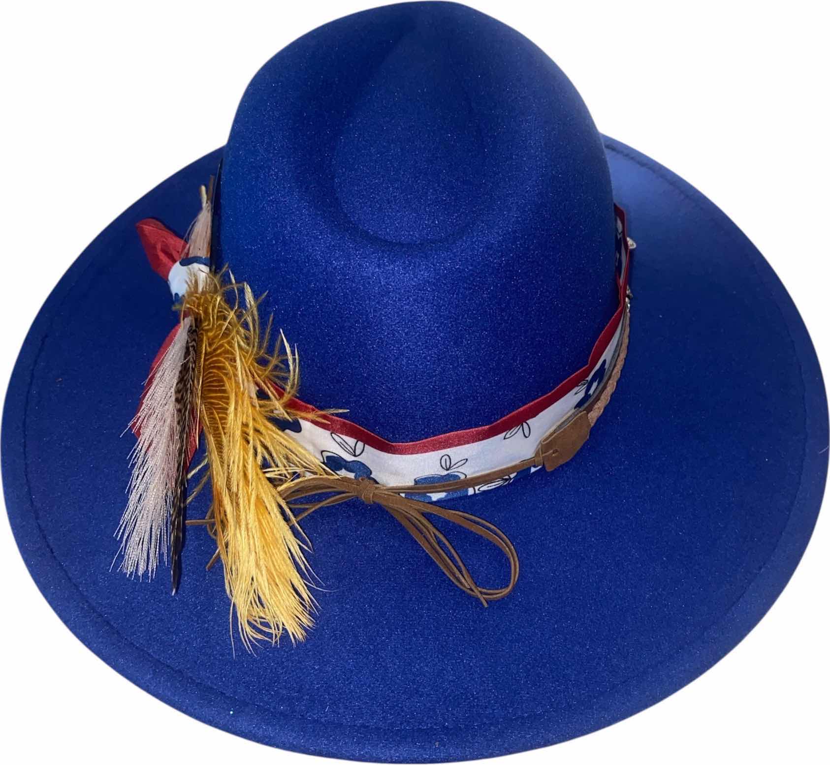 Photo 1 of NEW - CUSTOM DECORATED SAPPHIRE BLUE CASINO THEME FEDORA HAT WITH REMOVABLE CARD & FEATHER - ADJUSTABLE WITH INTERIOR RIBBON - TIE TO FIT