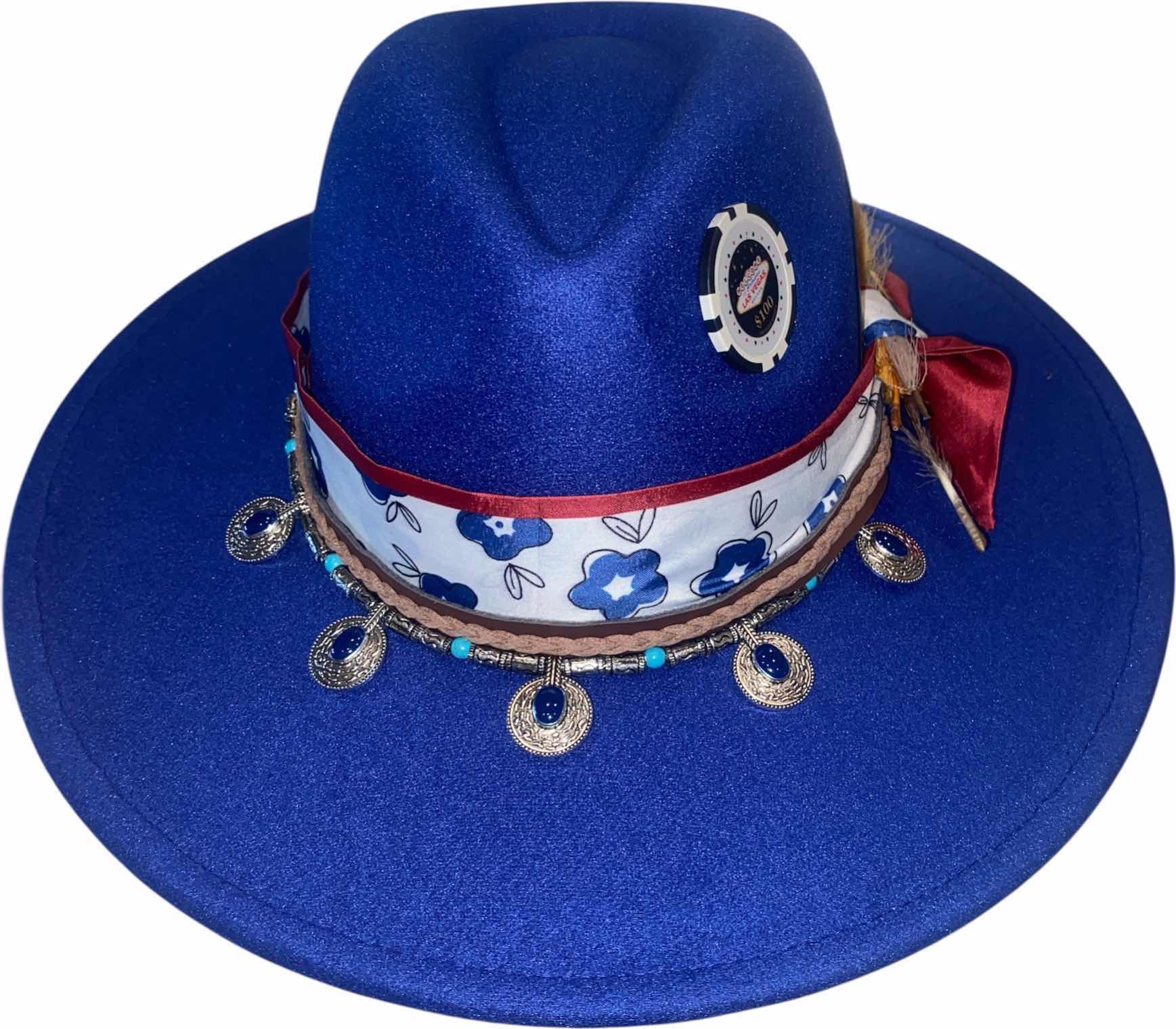 Photo 1 of NEW - CUSTOM DECORATED SAPPHIRE BLUE CASINO THEME FEDORA HAT WITH REMOVABLE CARD & FEATHER - ADJUSTABLE WITH INTERIOR RIBBON - TIE TO FIT
