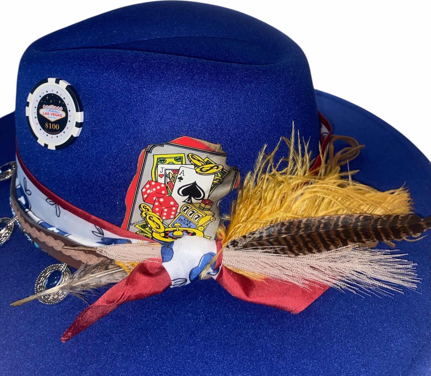 Photo 1 of NEW - CUSTOM DECORATED SAPPHIRE BLUE CASINO THEME FEDORA HAT WITH REMOVABLE CARD & FEATHER - ADJUSTABLE WITH INTERIOR RIBBON - TIE TO FIT