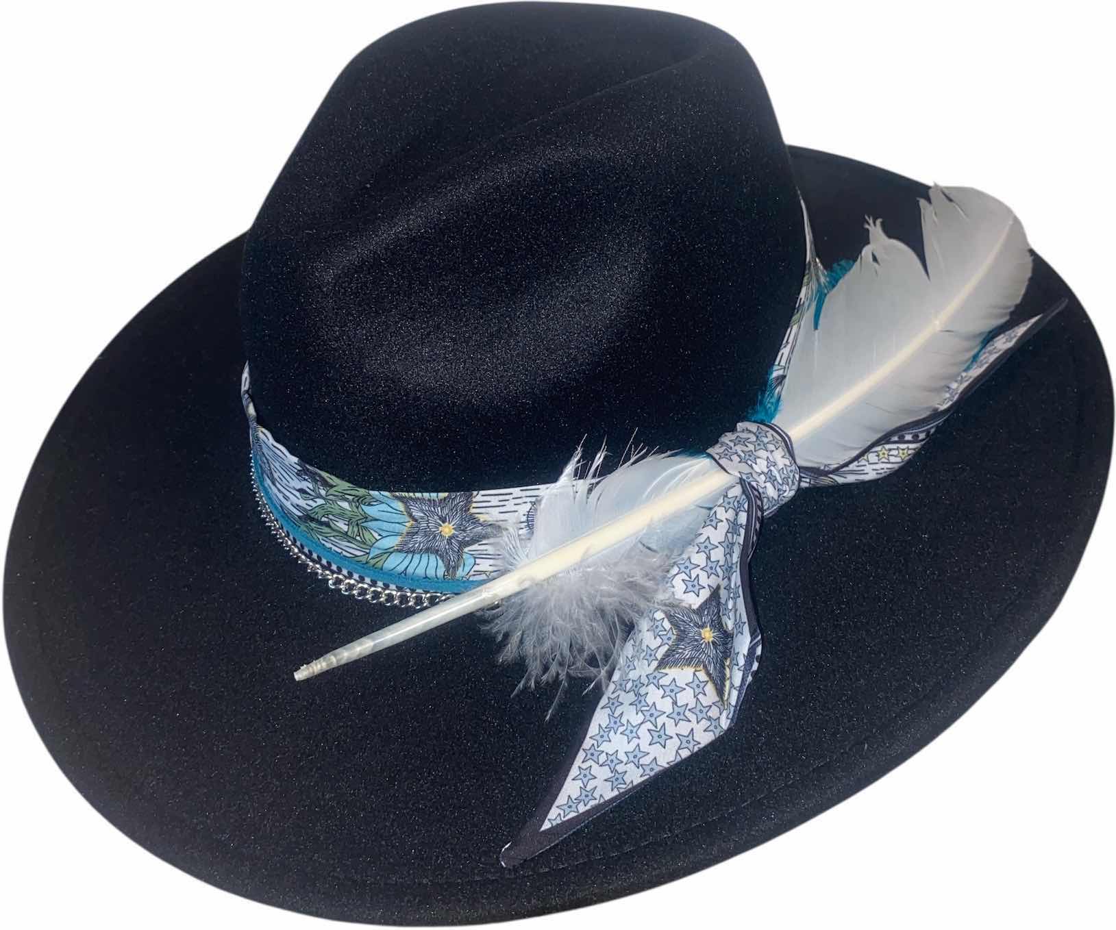 Photo 1 of NEW - CUSTOM DECORATED BLACK FEDORA HAT WITH FEATHERS - ADJUSTABLE WITH INTERIOR RIBBON - TIE TO FIT
