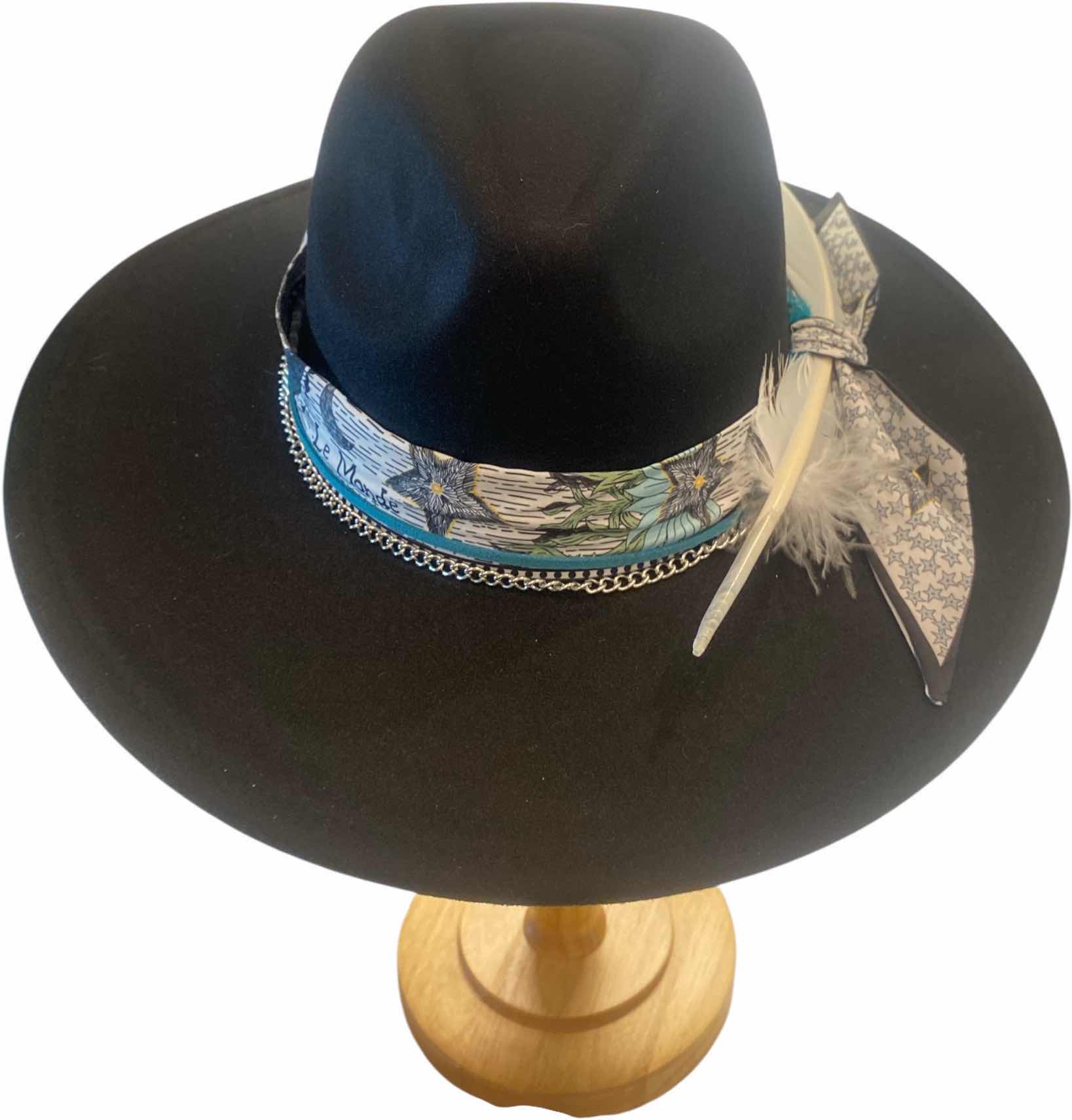 Photo 1 of NEW - CUSTOM DECORATED BLACK FEDORA HAT WITH FEATHERS - ADJUSTABLE WITH INTERIOR RIBBON - TIE TO FIT