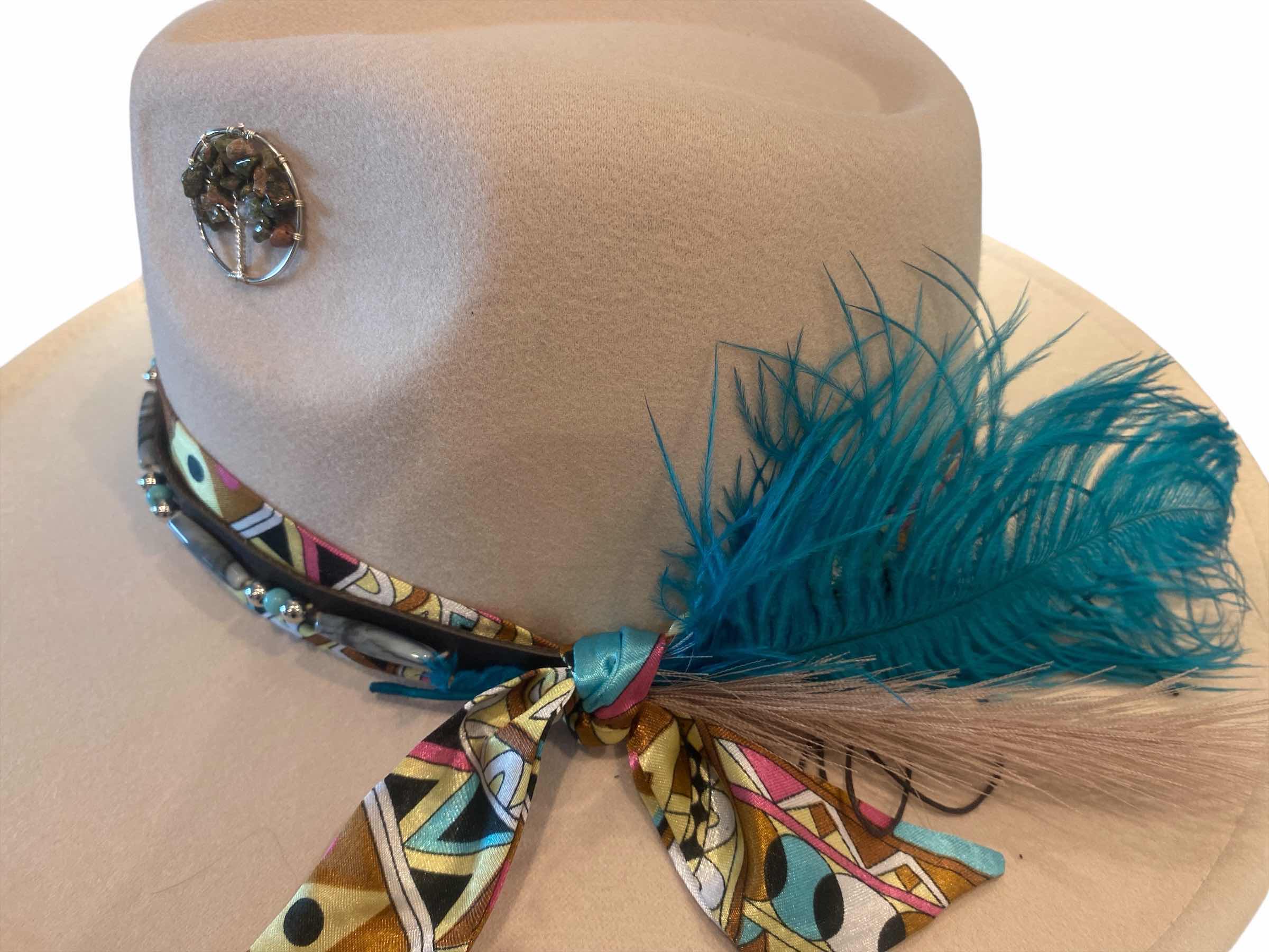Photo 1 of NEW - CUSTOM DECORATED CREAM FEDORA HAT WITH FEATHERS& EMBELLISHMENT- ADJUSTABLE WITH INTERIOR RIBBON - TIE TO FIT