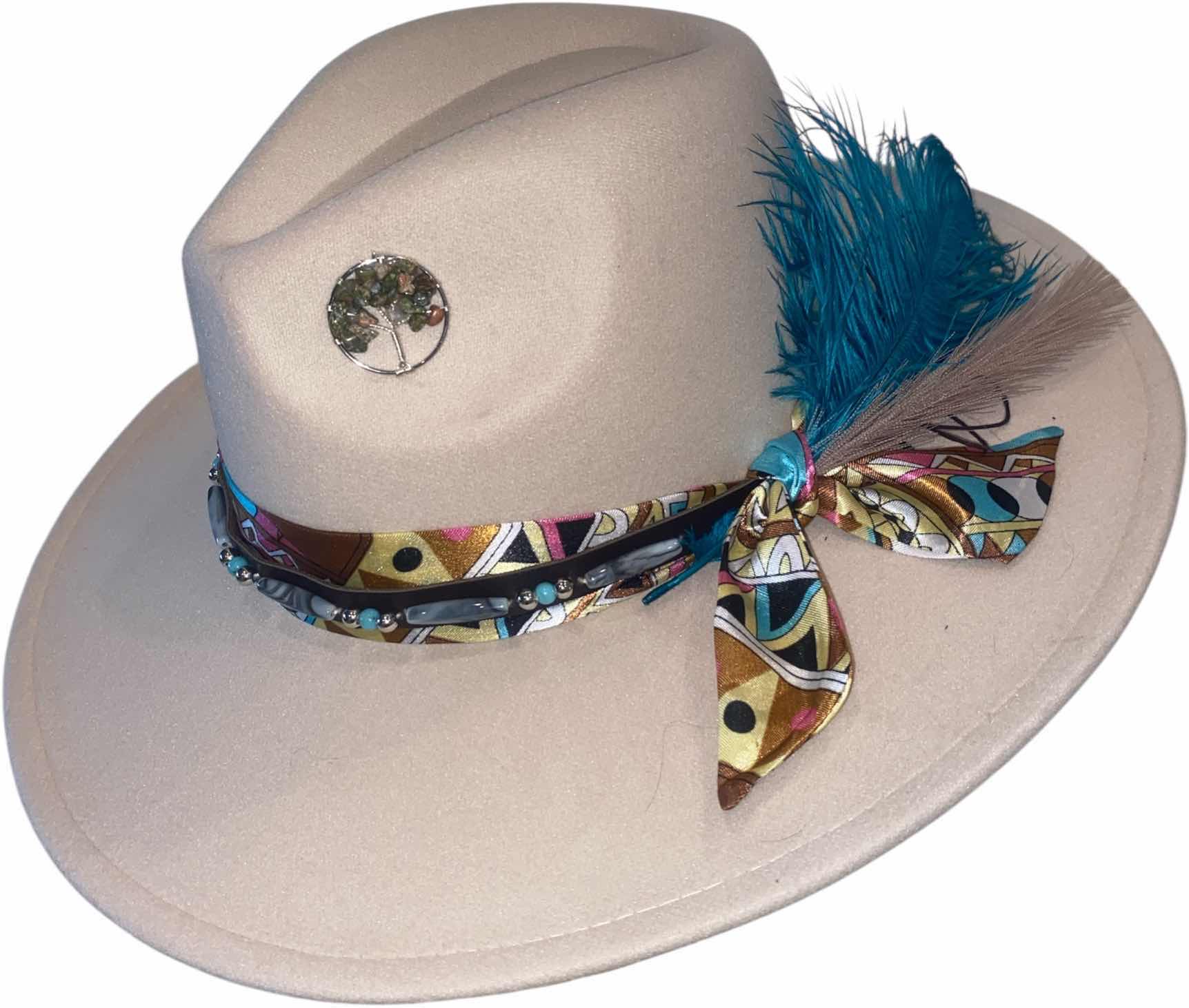Photo 1 of NEW - CUSTOM DECORATED CREAM FEDORA HAT WITH FEATHERS& EMBELLISHMENT- ADJUSTABLE WITH INTERIOR RIBBON - TIE TO FIT