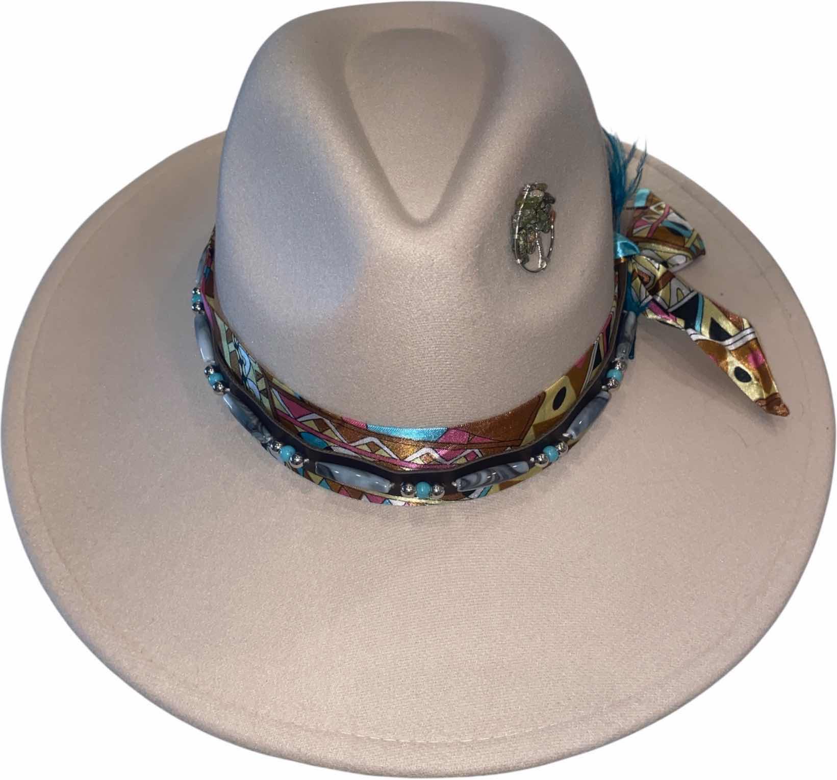 Photo 1 of NEW - CUSTOM DECORATED CREAM FEDORA HAT WITH FEATHERS& EMBELLISHMENT- ADJUSTABLE WITH INTERIOR RIBBON - TIE TO FIT