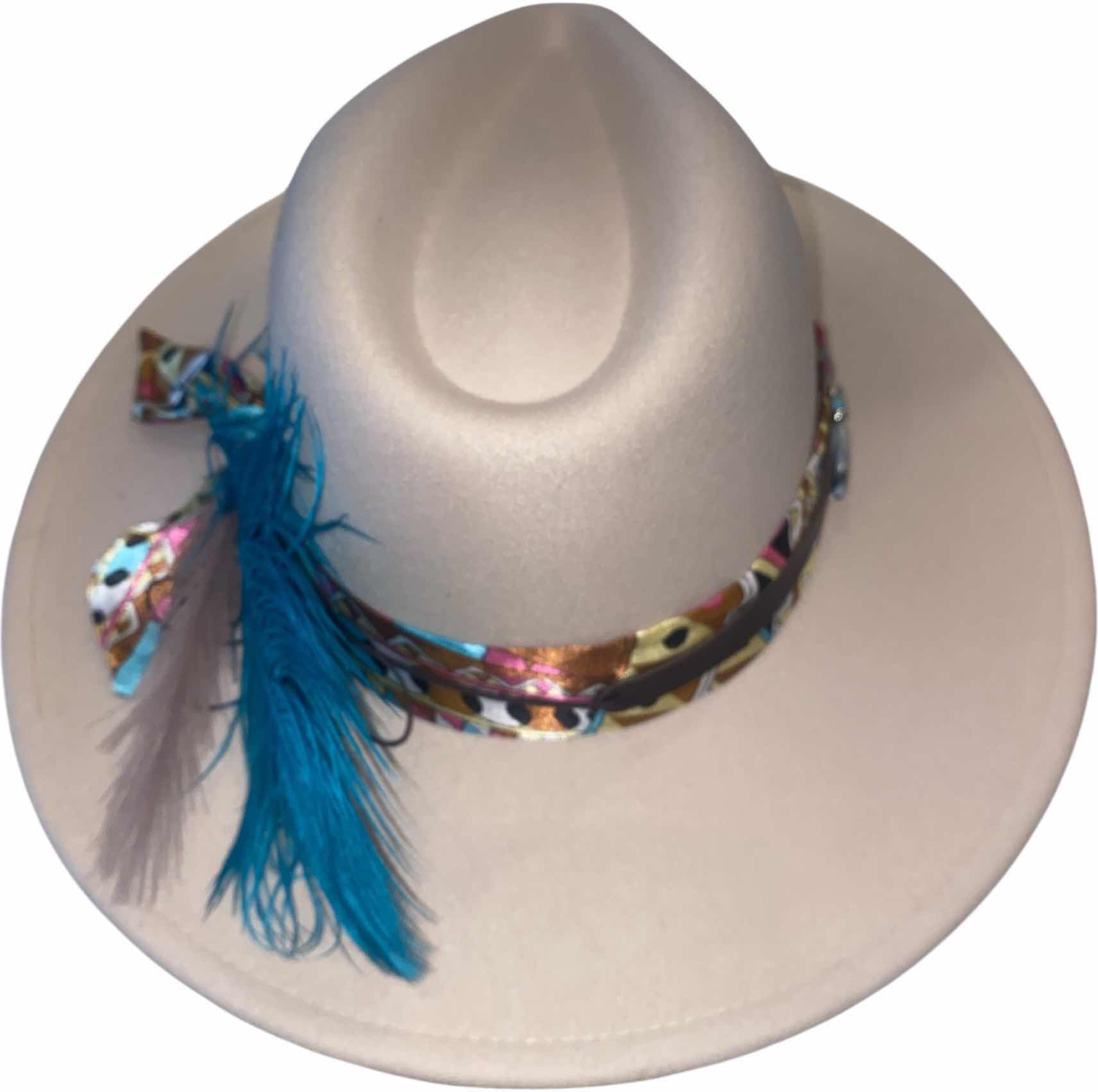 Photo 1 of NEW - CUSTOM DECORATED CREAM FEDORA HAT WITH FEATHERS& EMBELLISHMENT- ADJUSTABLE WITH INTERIOR RIBBON - TIE TO FIT