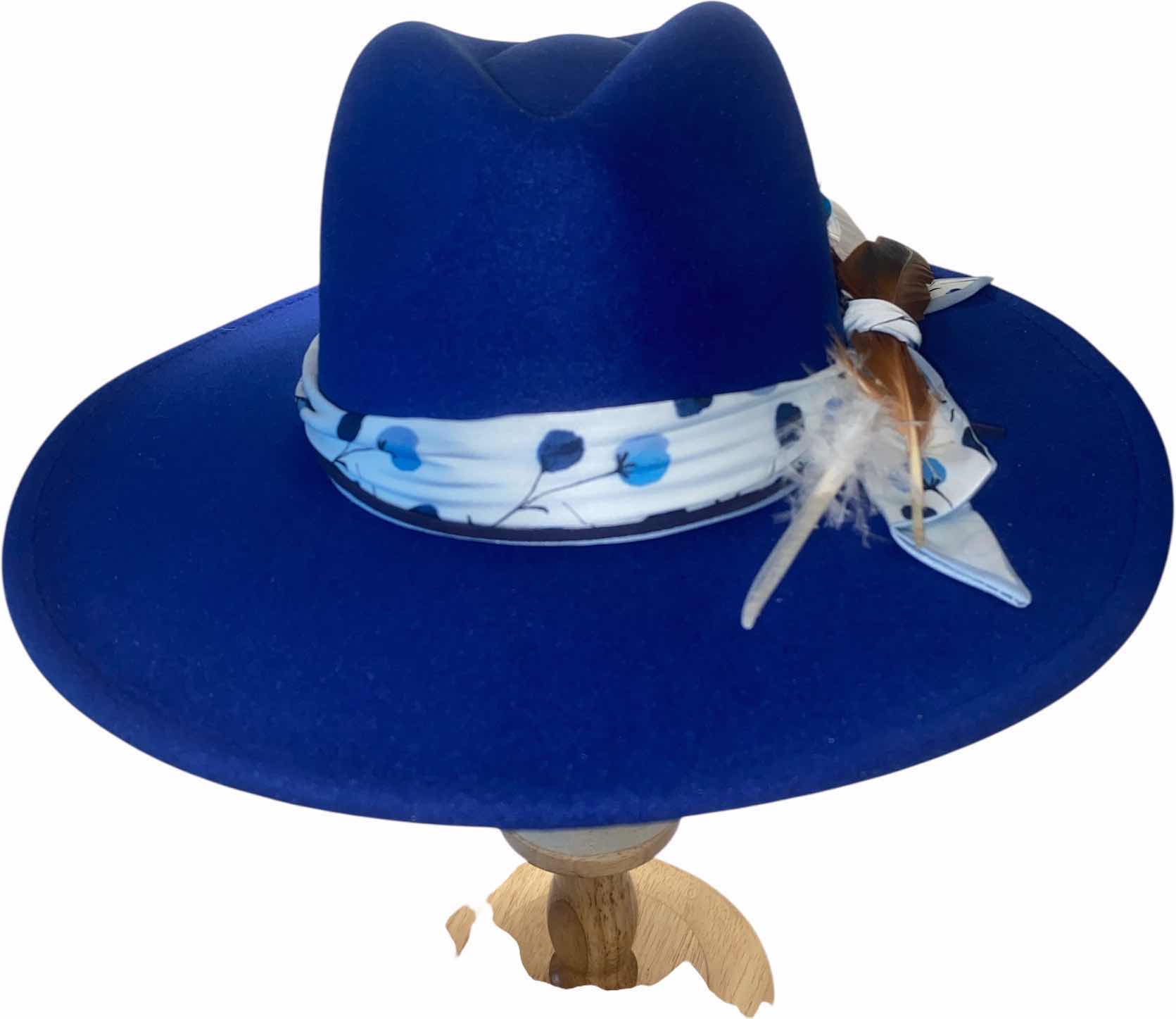 Photo 1 of NEW - CUSTOM DECORATED SAPPHIRE BLUE FEDORA HAT WITH FEATHERS - ADJUSTABLE WITH INTERIOR RIBBON - TIE TO FIT