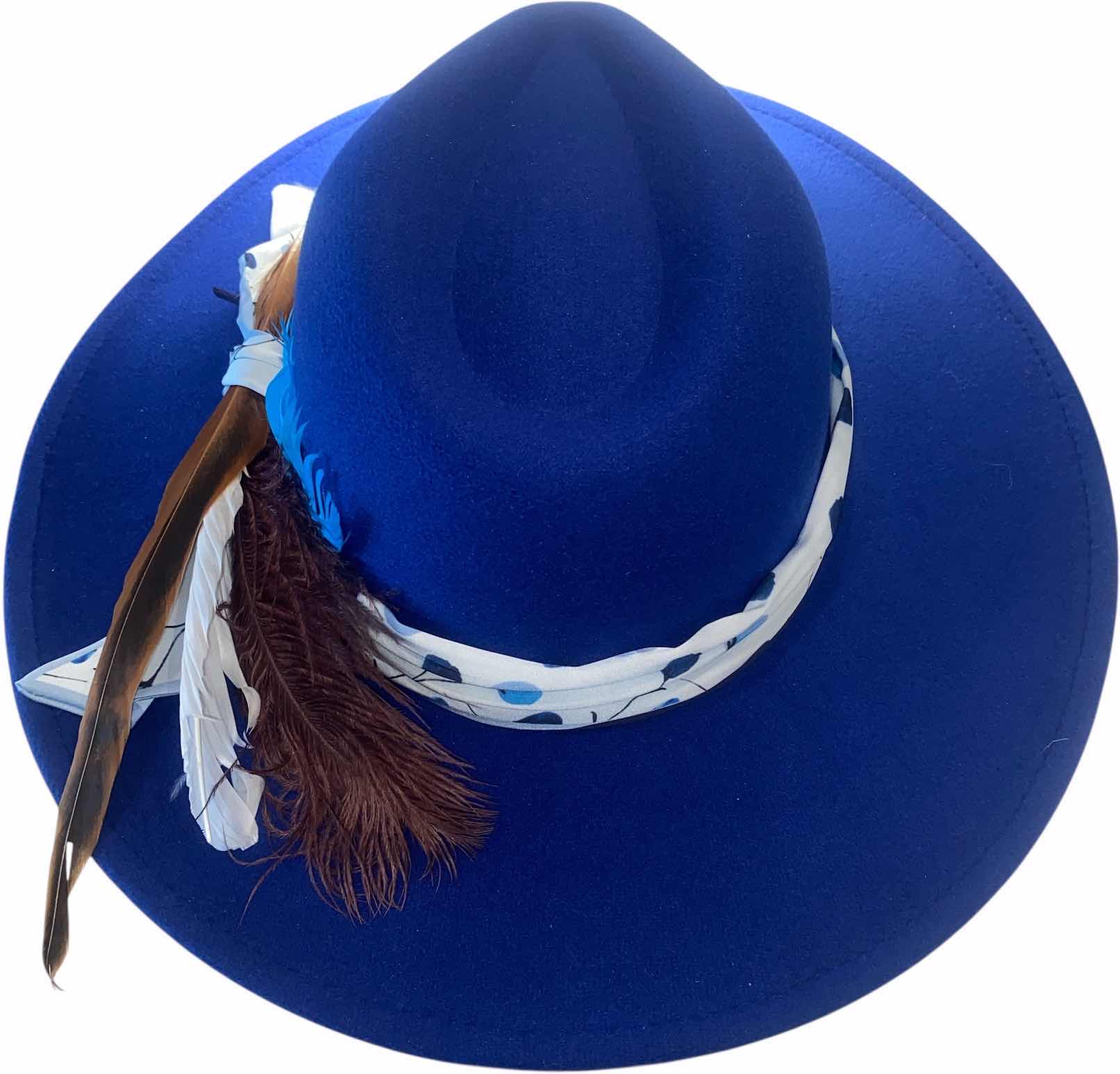 Photo 1 of NEW - CUSTOM DECORATED SAPPHIRE BLUE FEDORA HAT WITH FEATHERS - ADJUSTABLE WITH INTERIOR RIBBON - TIE TO FIT