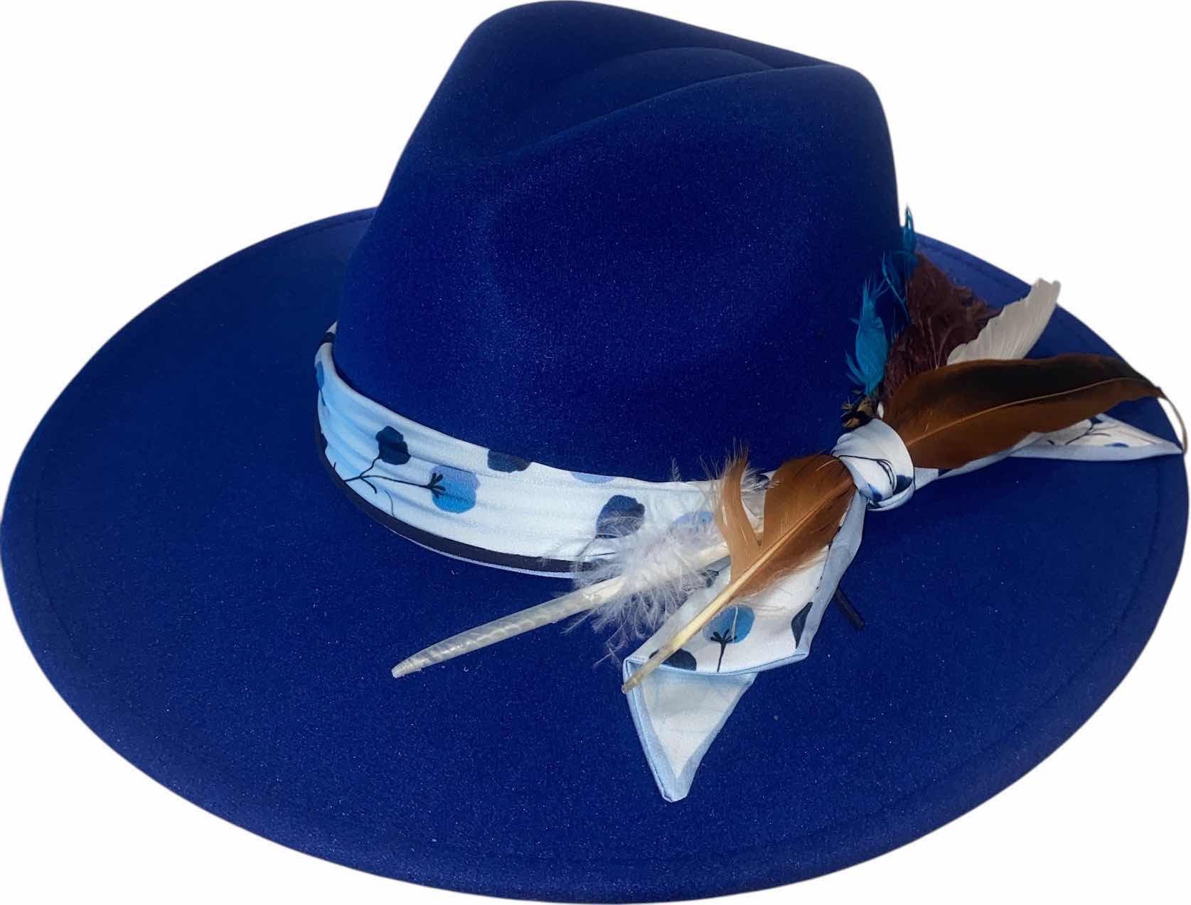 Photo 1 of NEW - CUSTOM DECORATED SAPPHIRE BLUE FEDORA HAT WITH FEATHERS - ADJUSTABLE WITH INTERIOR RIBBON - TIE TO FIT