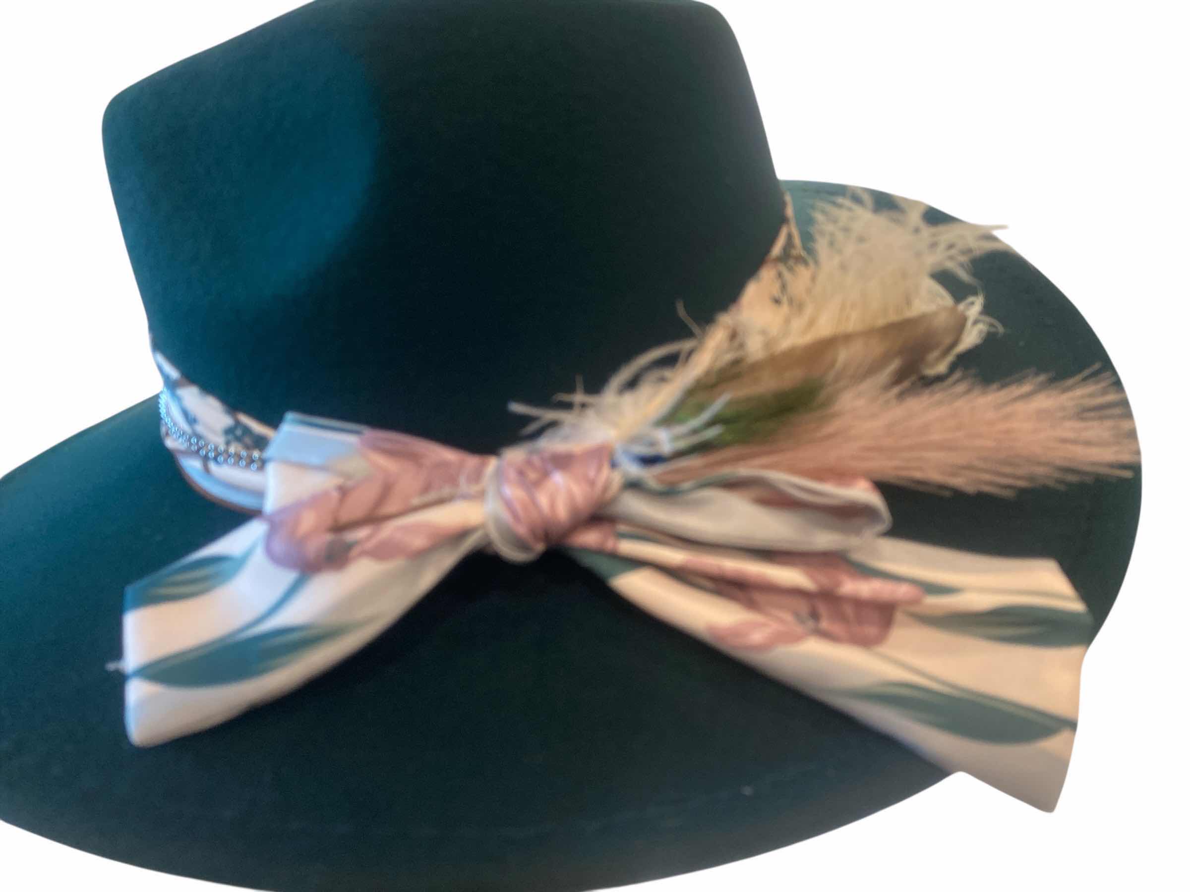 Photo 1 of NEW - CUSTOM DECORATED FOREST GREEN FEDORA HAT WITH FEATHERS - ADJUSTABLE WITH INTERIOR RIBBON - TIE TO FIT