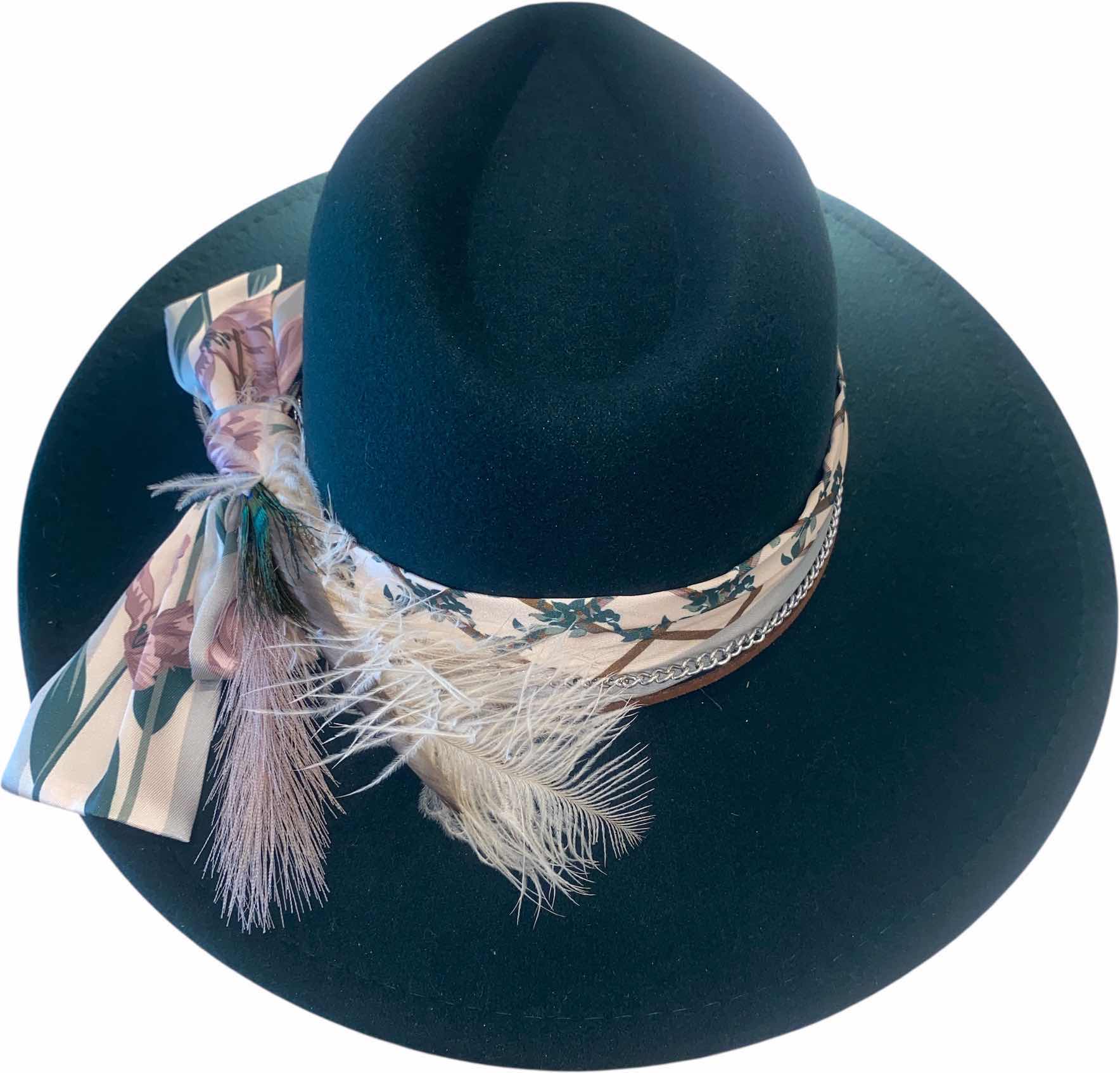 Photo 1 of NEW - CUSTOM DECORATED FOREST GREEN FEDORA HAT WITH FEATHERS - ADJUSTABLE WITH INTERIOR RIBBON - TIE TO FIT