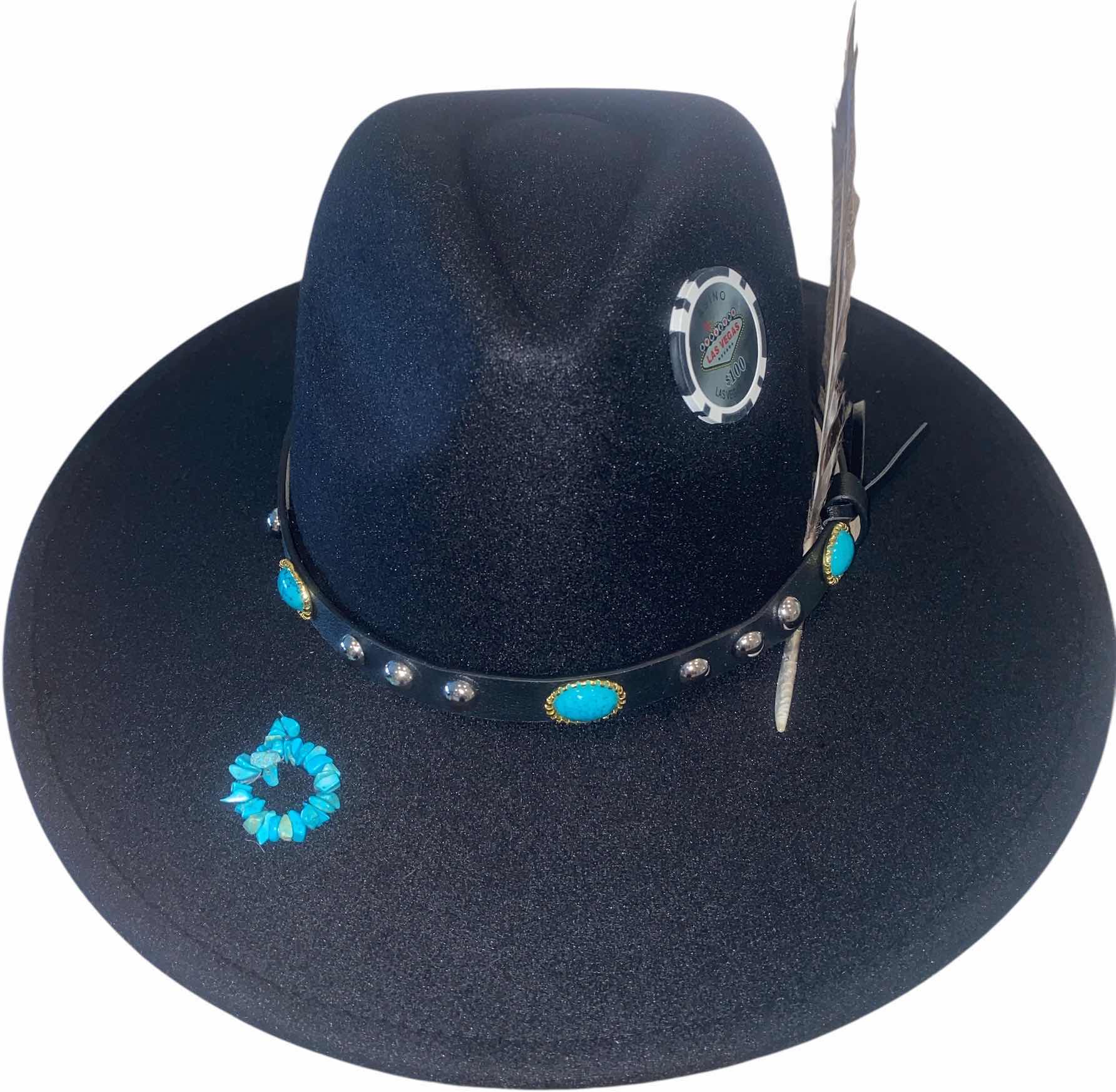 Photo 1 of NEW - CUSTOM DECORATED BLACK CASINO THEME FEDORA HAT WITH TURQUOISE REMOVABLE FEATHER - ADJUSTABLE WITH INTERIOR RIBBON - TIE TO FIT