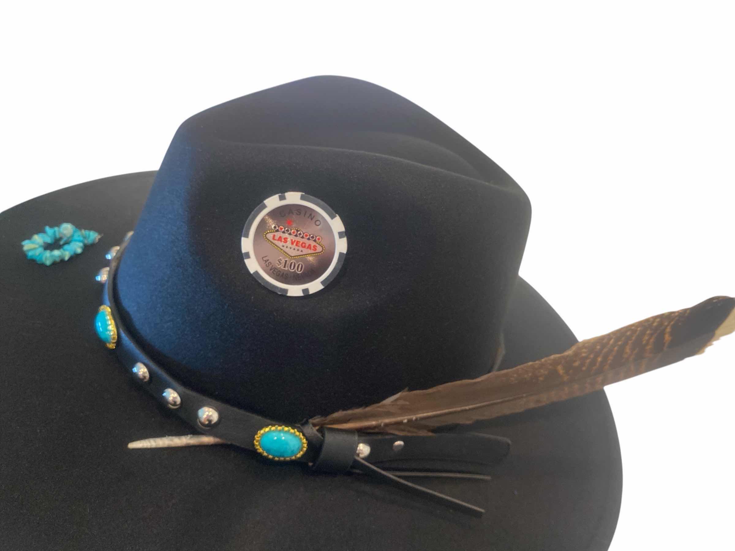 Photo 1 of NEW - CUSTOM DECORATED BLACK CASINO THEME FEDORA HAT WITH TURQUOISE REMOVABLE FEATHER - ADJUSTABLE WITH INTERIOR RIBBON - TIE TO FIT