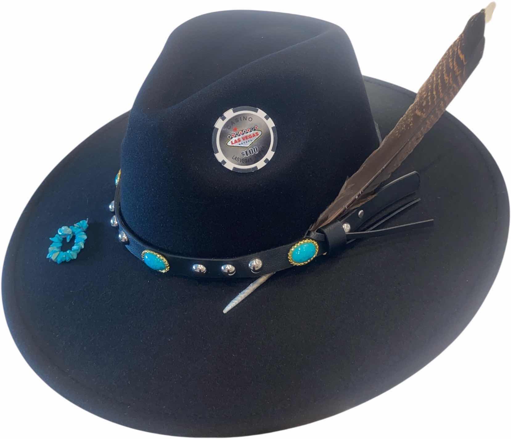 Photo 1 of NEW - CUSTOM DECORATED BLACK CASINO THEME FEDORA HAT WITH TURQUOISE REMOVABLE FEATHER - ADJUSTABLE WITH INTERIOR RIBBON - TIE TO FIT