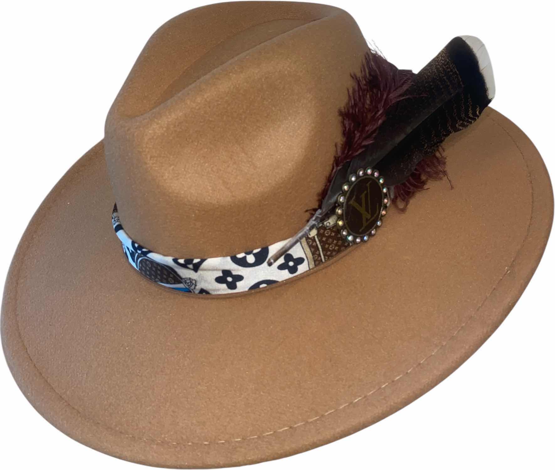 Photo 1 of NEW - CUSTOM DECORATED LIGHT TAN FEDORA HAT WITH UPCYCLED LOUIS VUITTON MONOGRAM EMBELLISHMENTS FEATHERS & REPLICA LV SCARF - ADJUSTABLE WITH INTERIOR RIBBON - TIE TO FIT