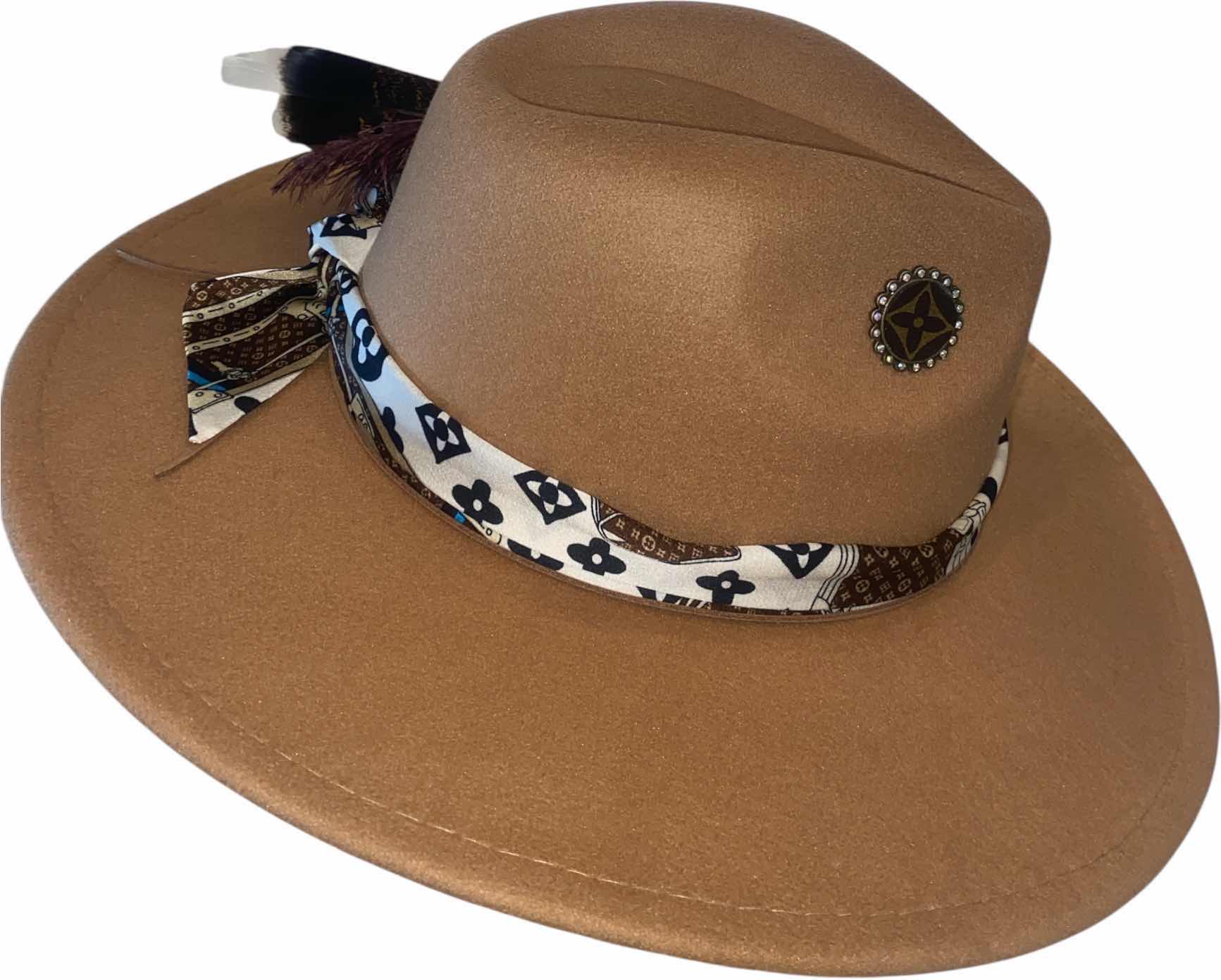 Photo 1 of NEW - CUSTOM DECORATED LIGHT TAN FEDORA HAT WITH UPCYCLED LOUIS VUITTON MONOGRAM EMBELLISHMENTS FEATHERS & REPLICA LV SCARF - ADJUSTABLE WITH INTERIOR RIBBON - TIE TO FIT
