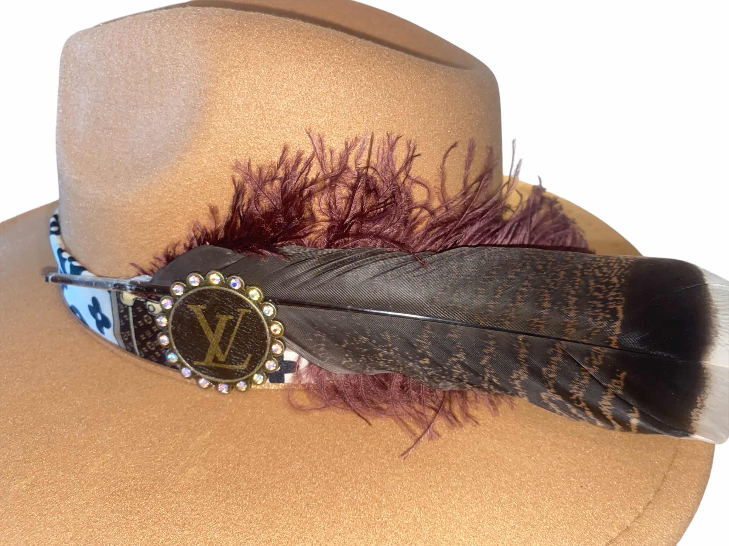 Photo 1 of NEW - CUSTOM DECORATED LIGHT TAN FEDORA HAT WITH UPCYCLED LOUIS VUITTON MONOGRAM EMBELLISHMENTS FEATHERS & REPLICA LV SCARF - ADJUSTABLE WITH INTERIOR RIBBON - TIE TO FIT
