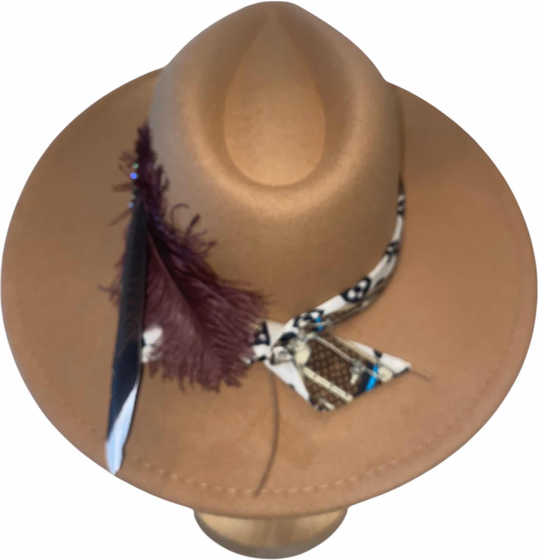 Photo 1 of NEW - CUSTOM DECORATED LIGHT TAN FEDORA HAT WITH UPCYCLED LOUIS VUITTON MONOGRAM EMBELLISHMENTS FEATHERS & REPLICA LV SCARF - ADJUSTABLE WITH INTERIOR RIBBON - TIE TO FIT