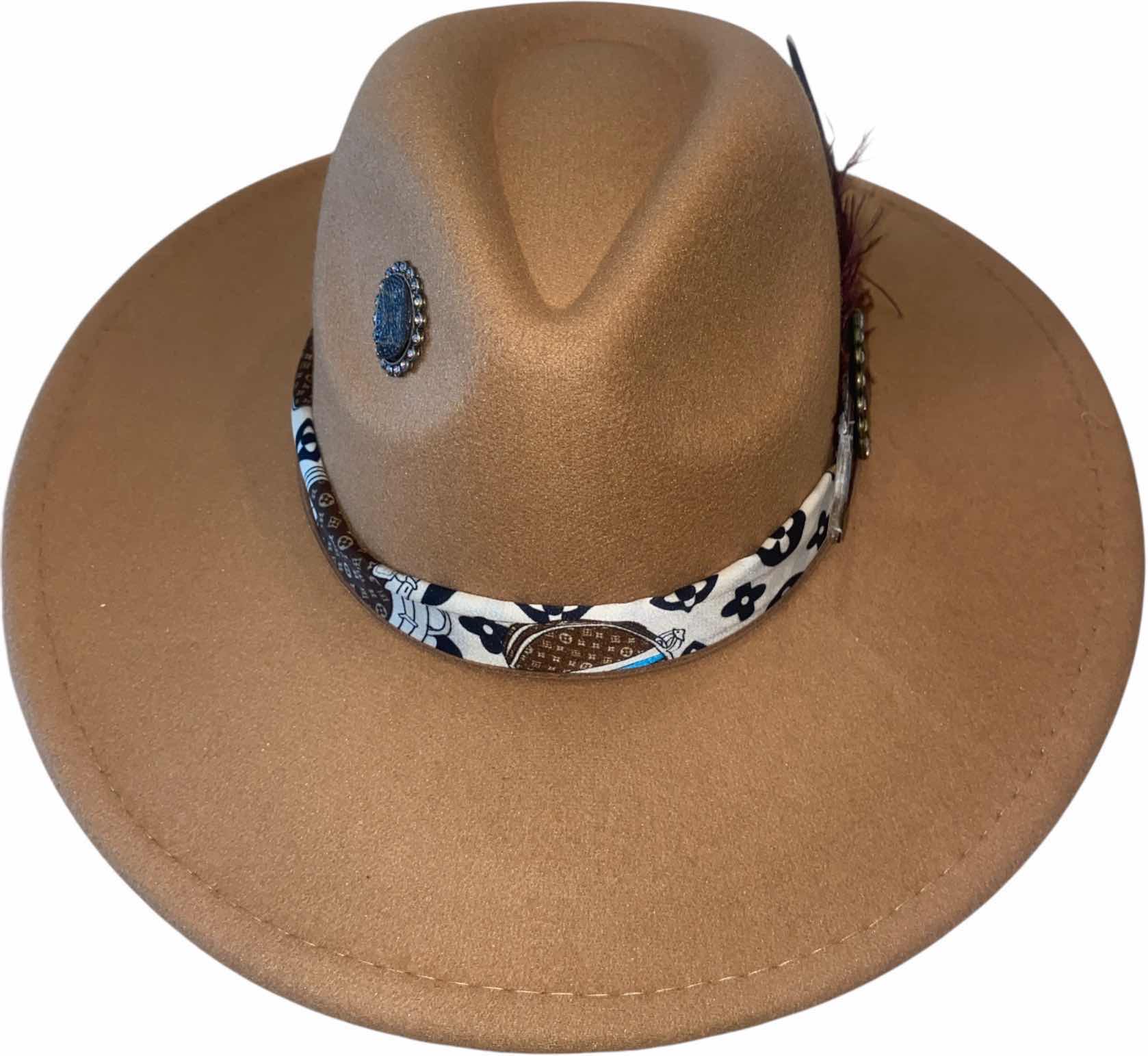 Photo 1 of NEW - CUSTOM DECORATED LIGHT TAN FEDORA HAT WITH UPCYCLED LOUIS VUITTON MONOGRAM EMBELLISHMENTS FEATHERS & REPLICA LV SCARF - ADJUSTABLE WITH INTERIOR RIBBON - TIE TO FIT