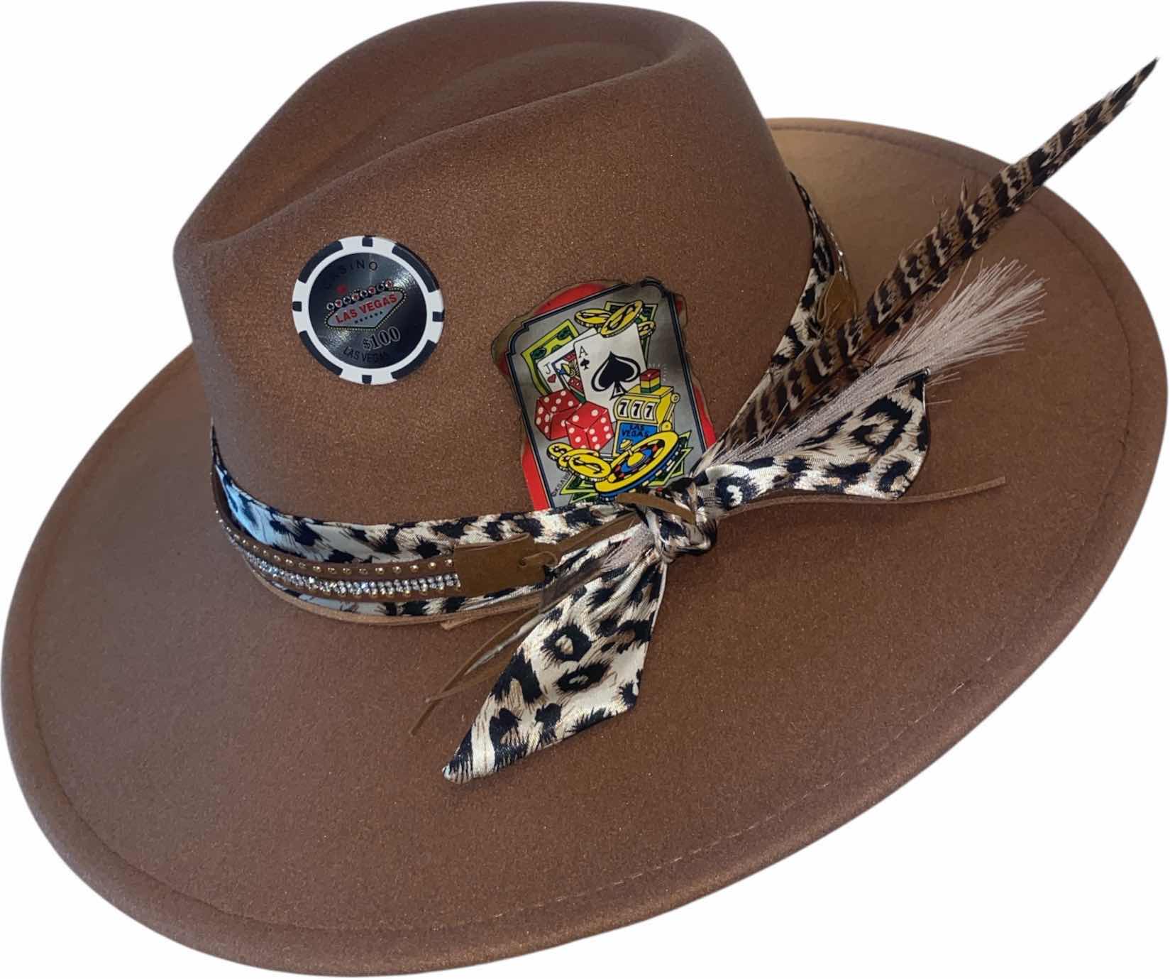 Photo 1 of NEW - CUSTOM DECORATED KHAKI TAN CASINO THEME FEDORA HAT WITH REMOVABLE CARD & FEATHER - ADJUSTABLE WITH INTERIOR RIBBON - TIE TO FIT
