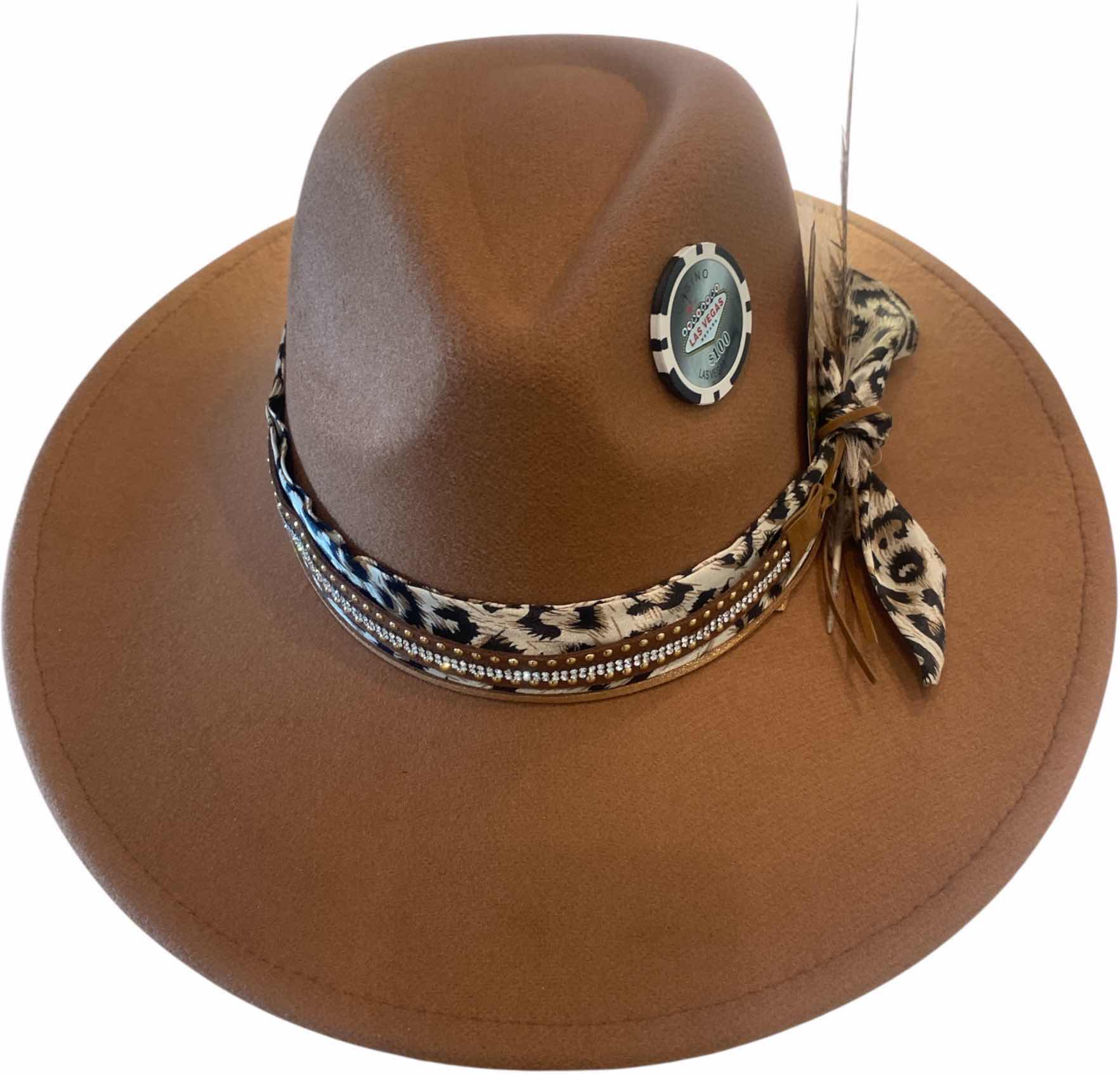 Photo 1 of NEW - CUSTOM DECORATED KHAKI TAN CASINO THEME FEDORA HAT WITH REMOVABLE CARD & FEATHER - ADJUSTABLE WITH INTERIOR RIBBON - TIE TO FIT