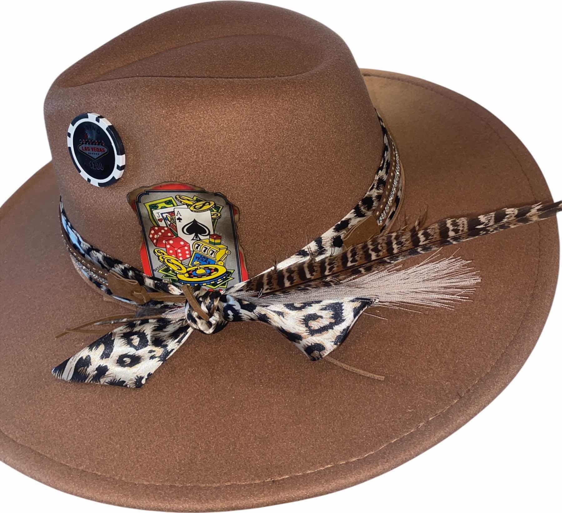 Photo 1 of NEW - CUSTOM DECORATED KHAKI TAN CASINO THEME FEDORA HAT WITH REMOVABLE CARD & FEATHER - ADJUSTABLE WITH INTERIOR RIBBON - TIE TO FIT