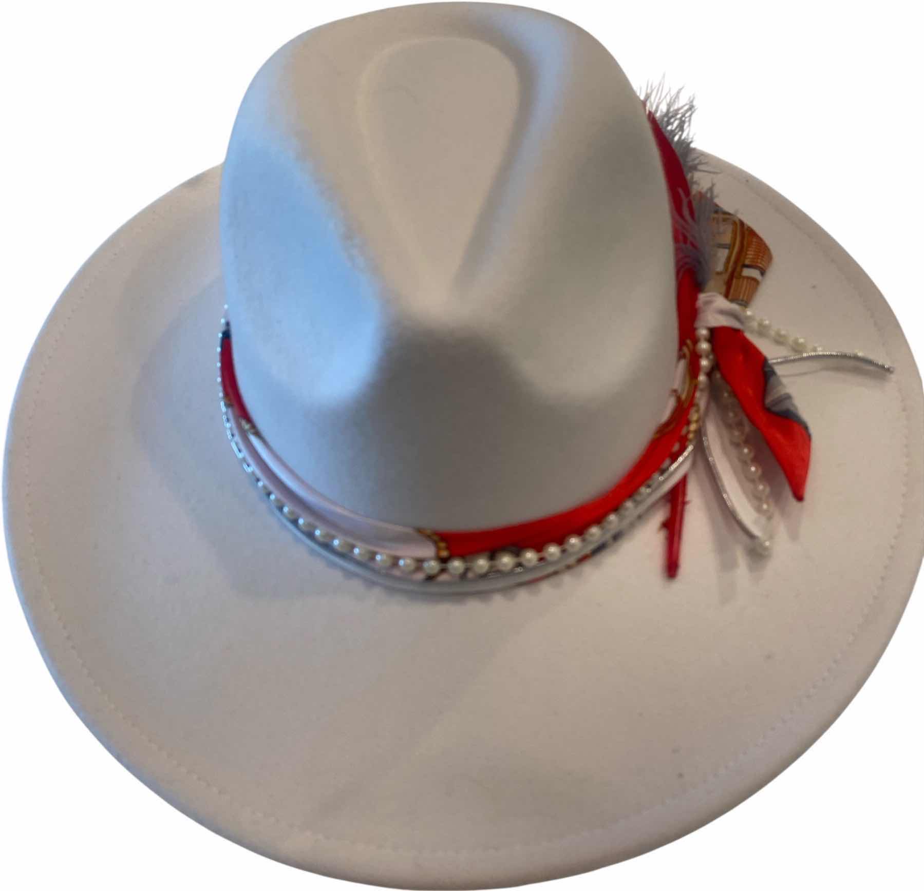 Photo 1 of NEW - CUSTOM DECORATED WHITE FEDORA HAT WITH FEATHERS - ADJUSTABLE WITH INTERIOR RIBBON - TIE TO FIT
