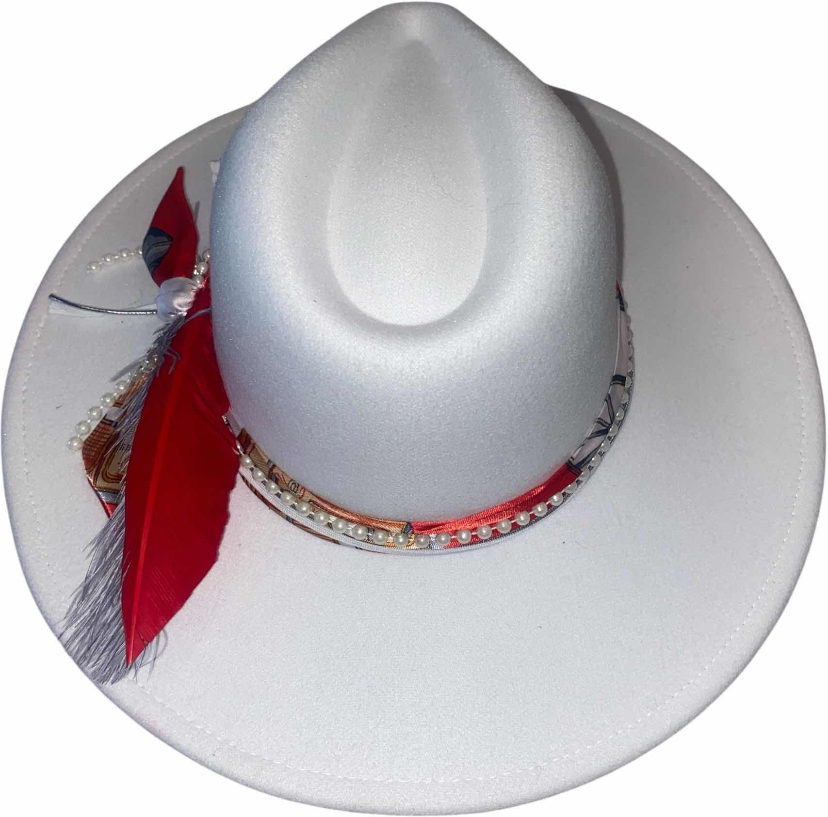 Photo 1 of NEW - CUSTOM DECORATED WHITE FEDORA HAT WITH FEATHERS - ADJUSTABLE WITH INTERIOR RIBBON - TIE TO FIT